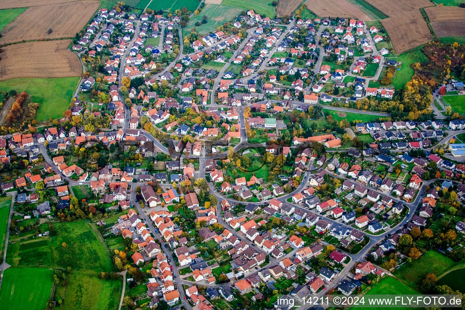 Village - view on the edge of agricultural fields and farmland in the district Horrenberg in Dielheim in the state Baden-Wurttemberg