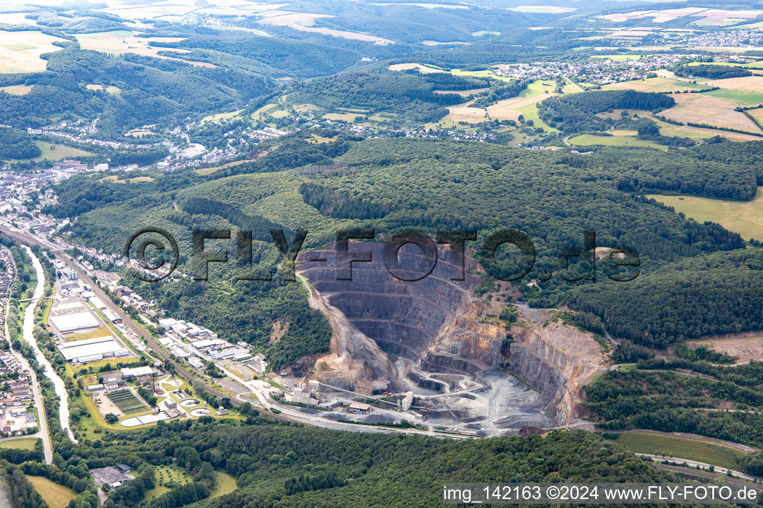 Aerial view of Quarry of Nahe-Hunsrück Baustoffe GmbH & Co. KG in Hochstetten-Dhaun in the state Rhineland-Palatinate, Germany