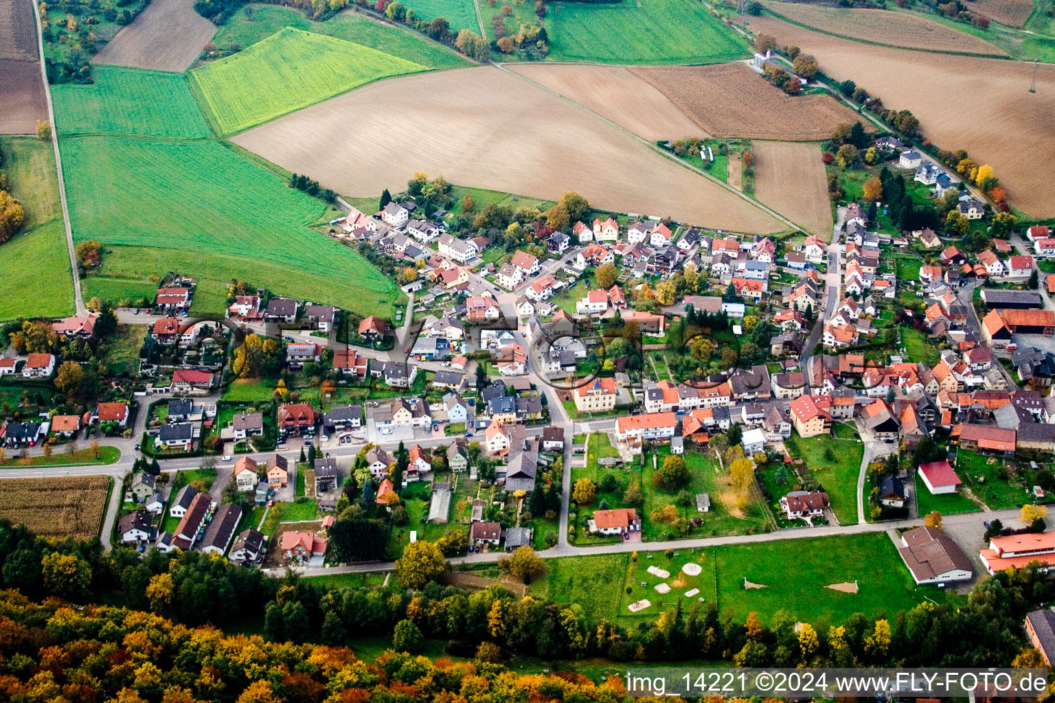 Aerial view of Mönchzell in the state Baden-Wuerttemberg, Germany