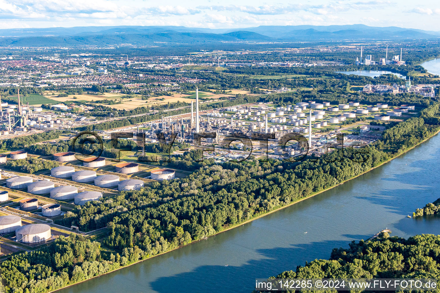 Oblique view of Upper Rhine mineral oil refinery in the district Knielingen in Karlsruhe in the state Baden-Wuerttemberg, Germany