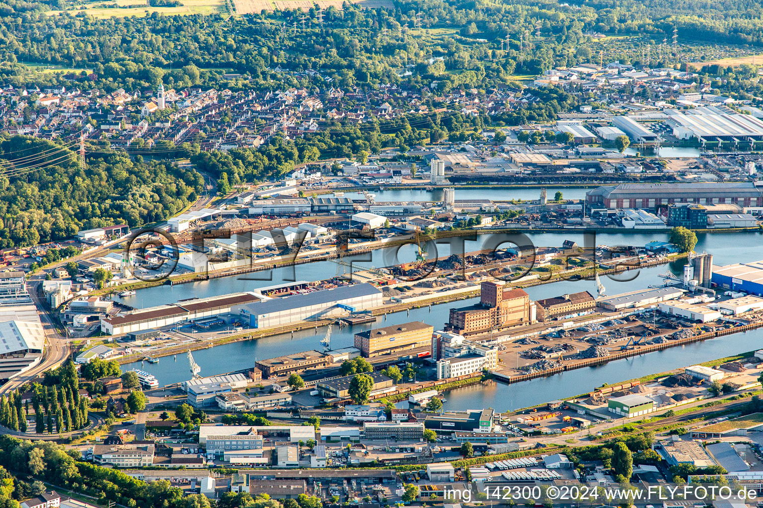 Aerial view of Rhine port Karlsruhe from north in the district Mühlburg in Karlsruhe in the state Baden-Wuerttemberg, Germany