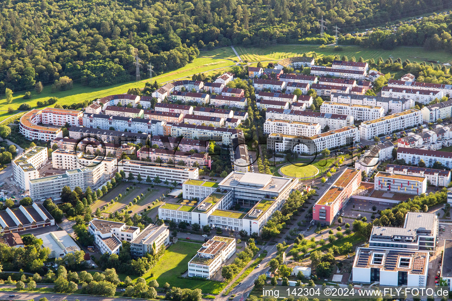 From the north in the district Oberreut in Karlsruhe in the state Baden-Wuerttemberg, Germany