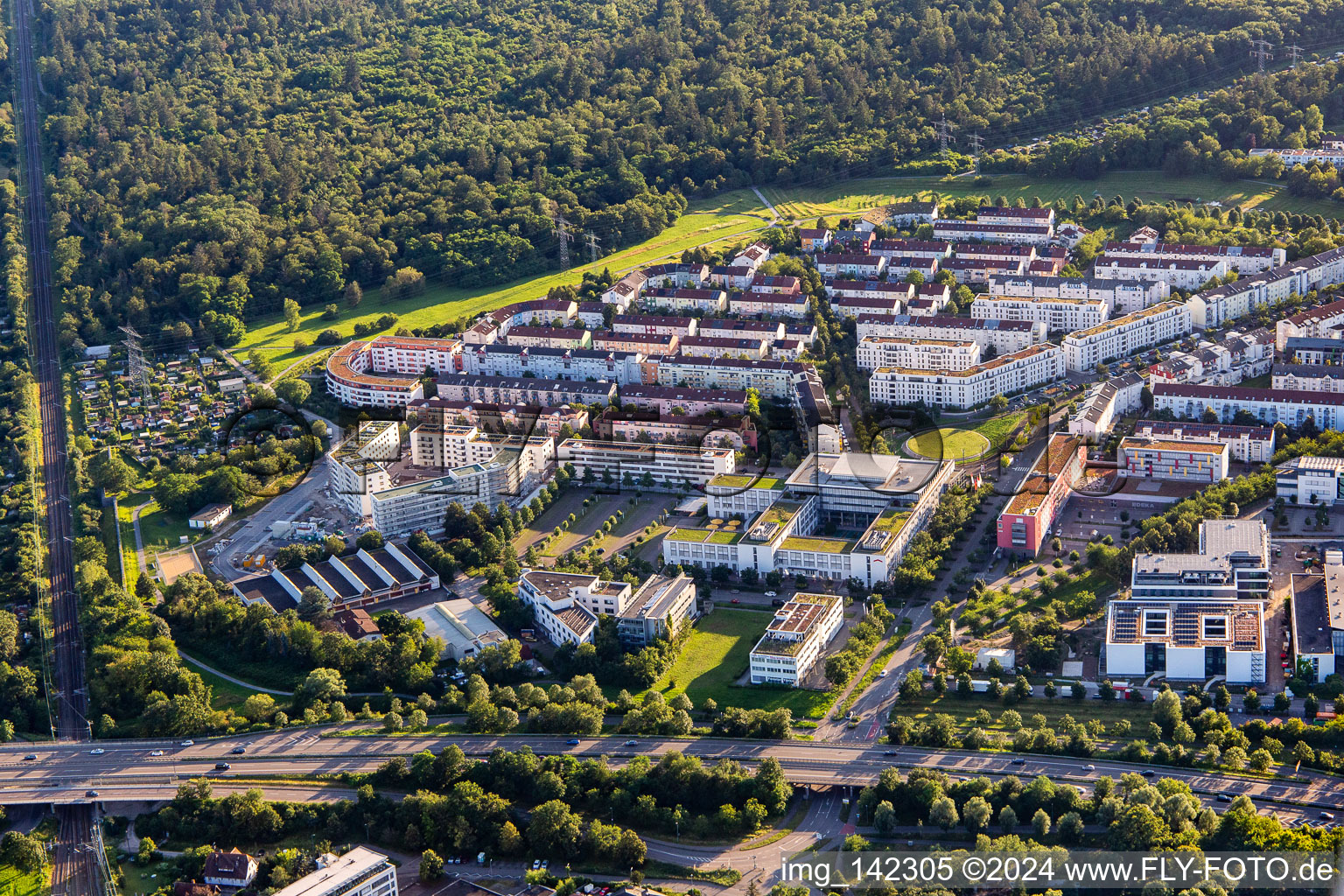 Aerial view of From the north in the district Oberreut in Karlsruhe in the state Baden-Wuerttemberg, Germany