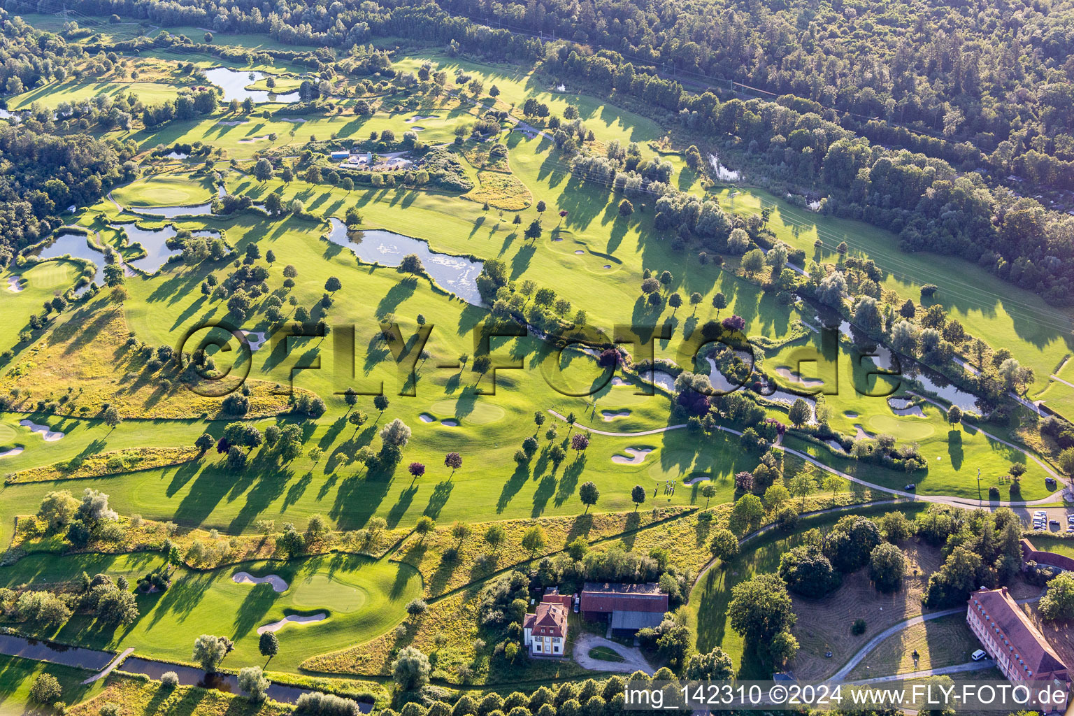 Aerial photograpy of Golf course Hofgut Scheibenhardt AG in the district Beiertheim-Bulach in Karlsruhe in the state Baden-Wuerttemberg, Germany