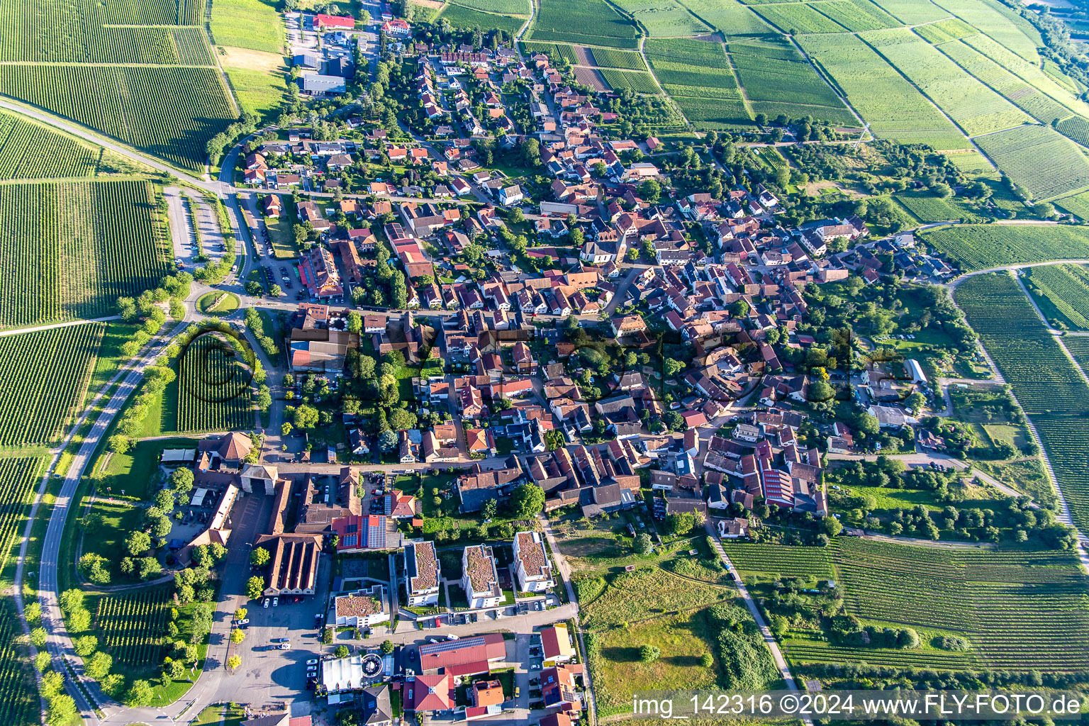 District Schweigen in Schweigen-Rechtenbach in the state Rhineland-Palatinate, Germany seen from a drone