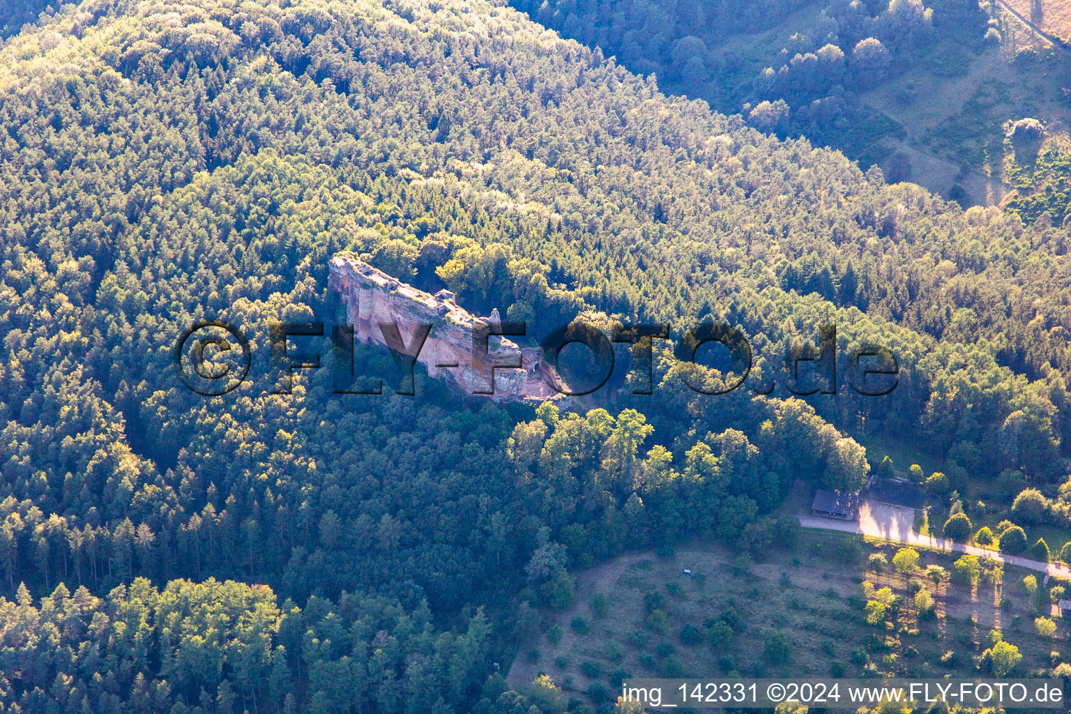 Aerial view of Fleckenstein Castle from the southeast in Lembach in the state Bas-Rhin, France