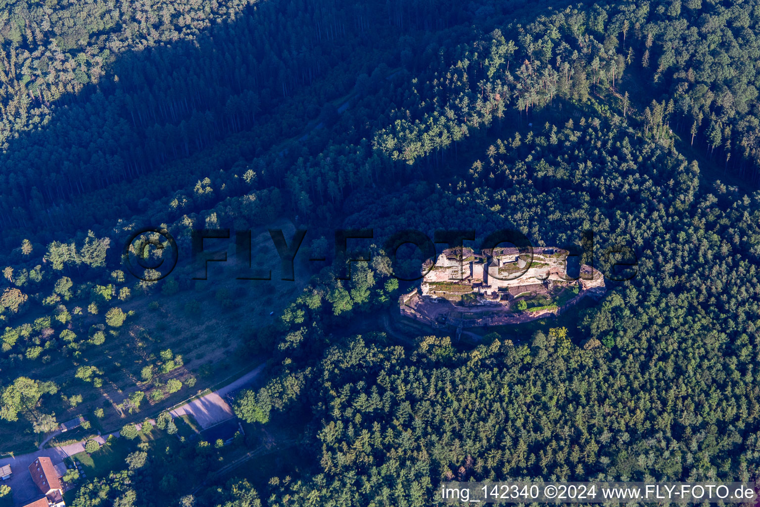 Aerial view of Fleckenstein Castle from the northwest in Lembach in the state Bas-Rhin, France