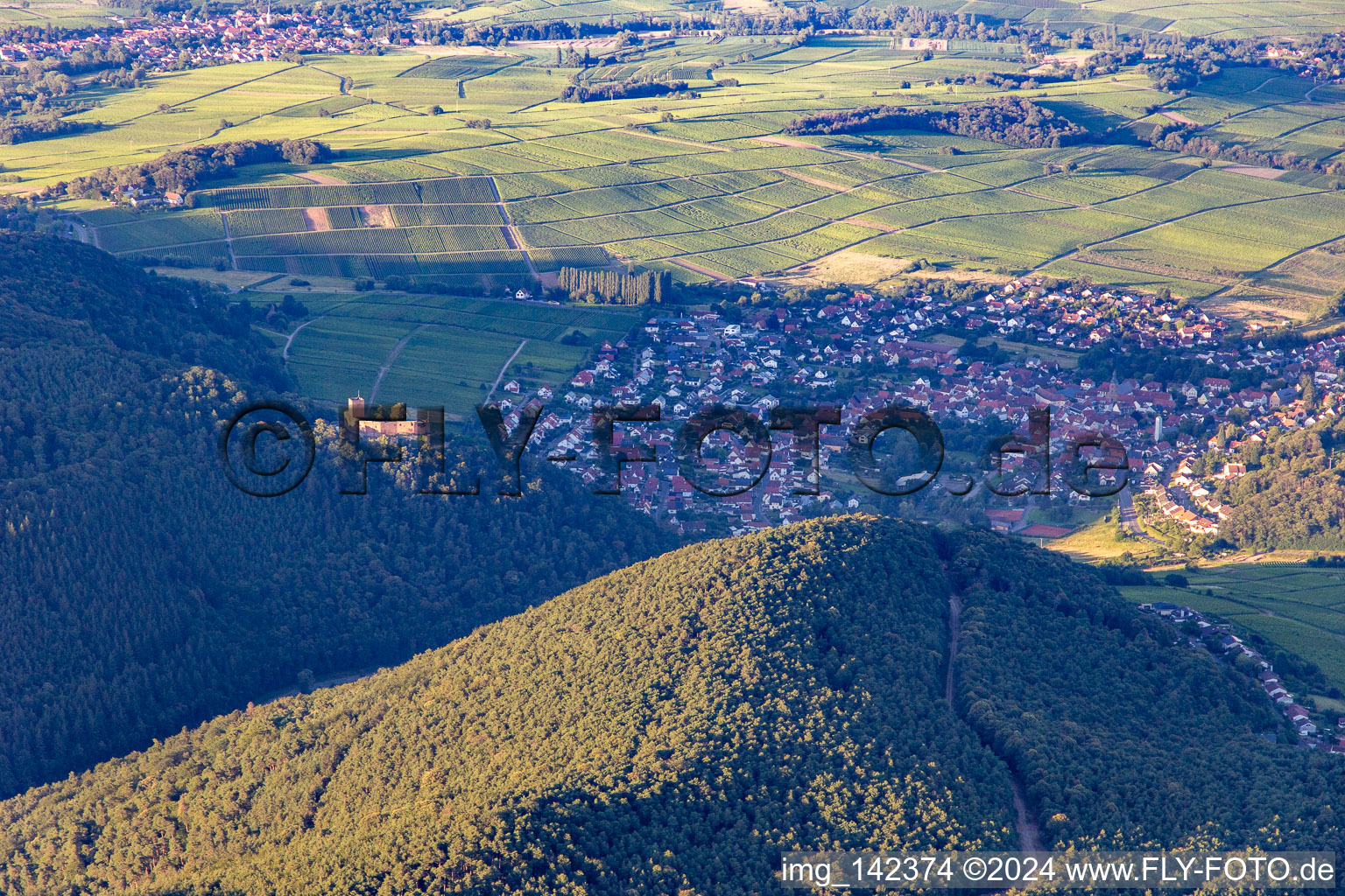 Landeck Castle in the last evening light in Klingenmünster in the state Rhineland-Palatinate, Germany