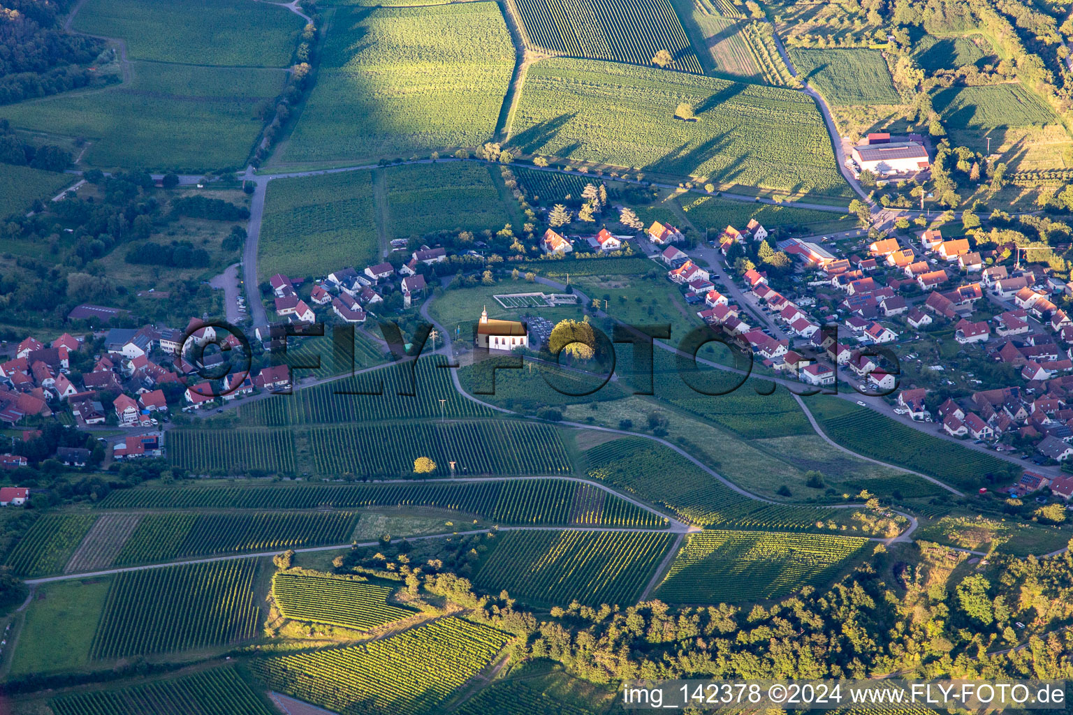 Aerial view of St. Dionysius Chapel in the evening light in the district Gleiszellen in Gleiszellen-Gleishorbach in the state Rhineland-Palatinate, Germany