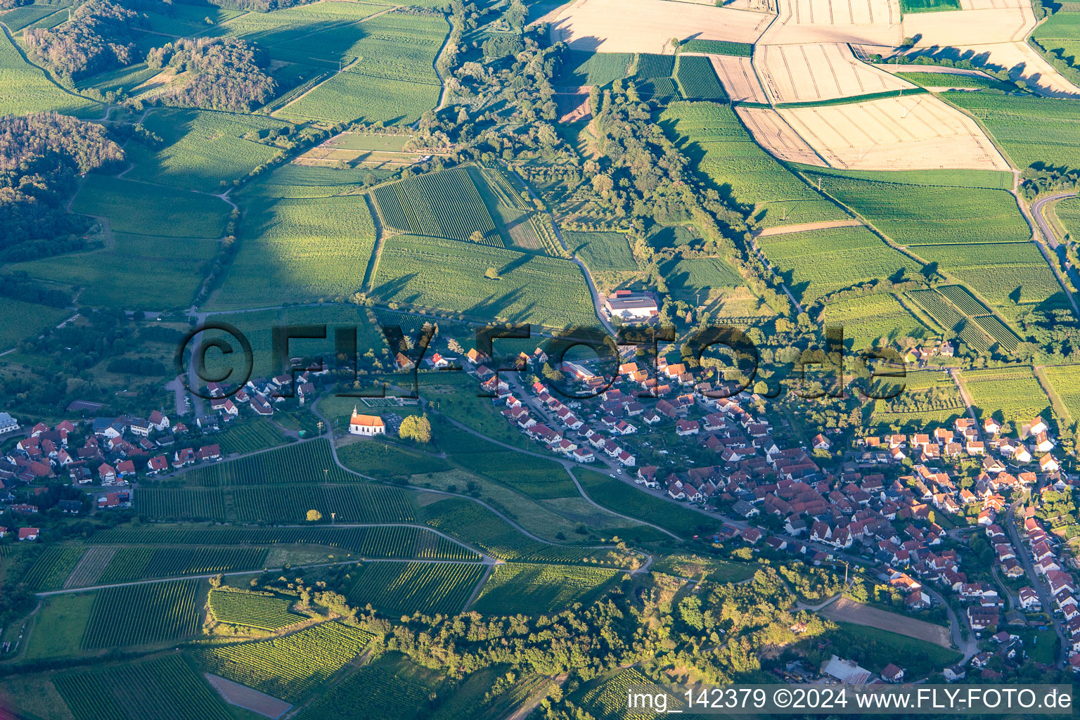 Aerial photograpy of St. Dionysius Chapel in the evening light in the district Gleiszellen in Gleiszellen-Gleishorbach in the state Rhineland-Palatinate, Germany