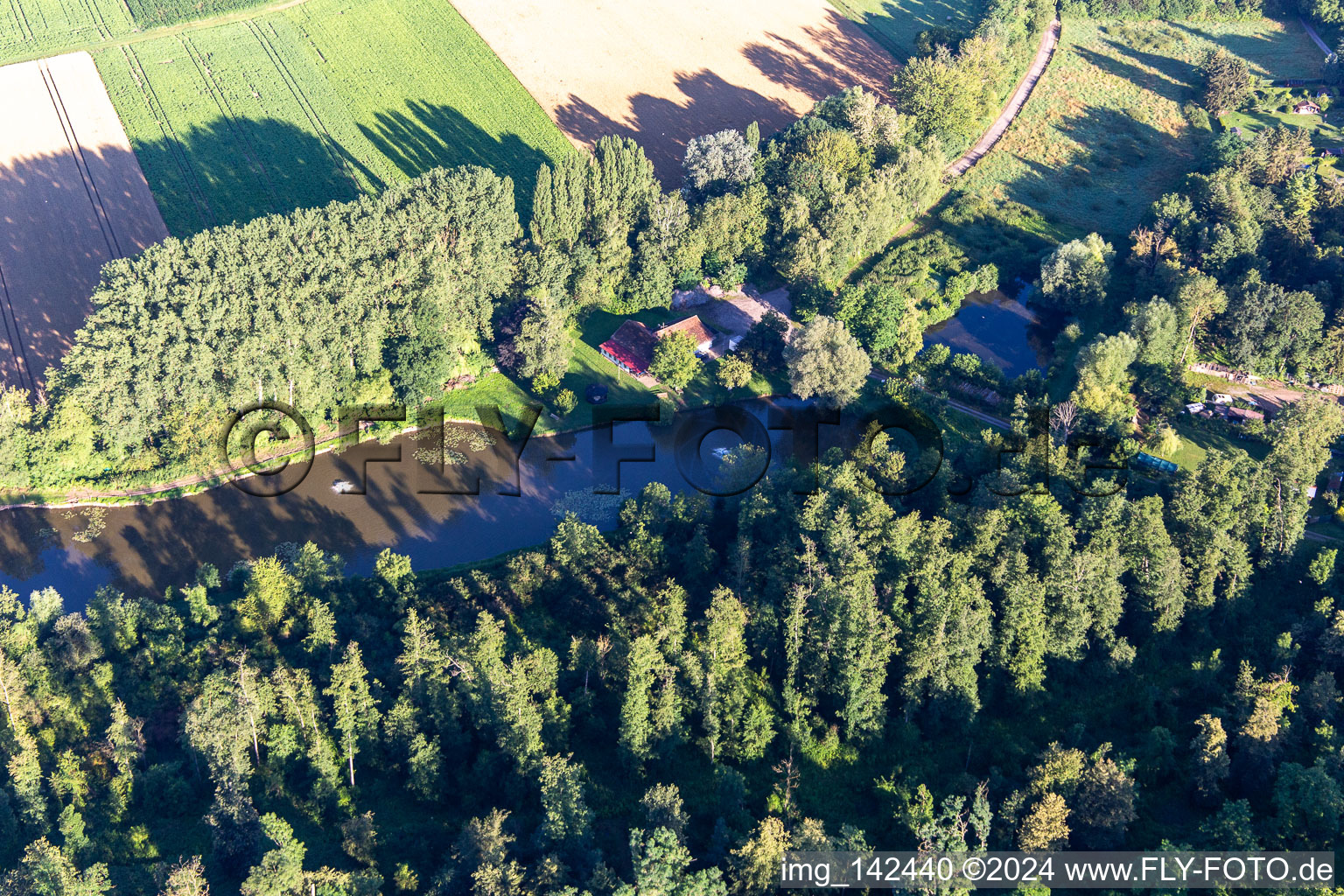 Aerial view of Fish ponds at Quodbach in Insheim in the state Rhineland-Palatinate, Germany