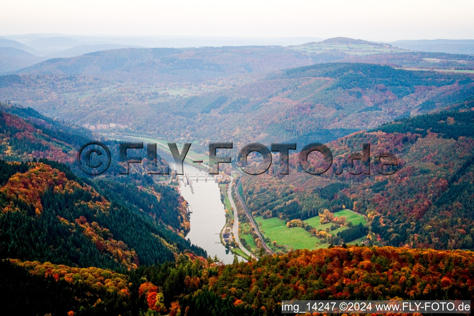 Aerial view of On the Neckar in Zwingenberg in the state Baden-Wuerttemberg, Germany