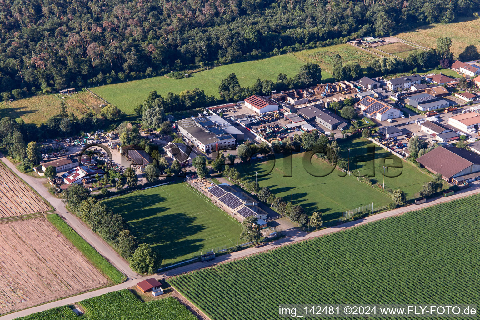 Aerial view of Football Club Lustadt eV in the district Niederlustadt in Lustadt in the state Rhineland-Palatinate, Germany