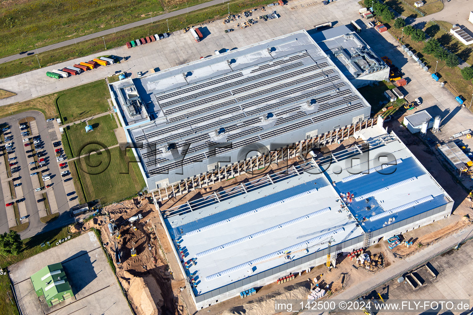 Aerial view of New construction of the hazardous materials warehouse at DLA Distribution Europe Germersheim, the largest distribution branch on the European continent for the US Army in Lingenfeld in the state Rhineland-Palatinate, Germany