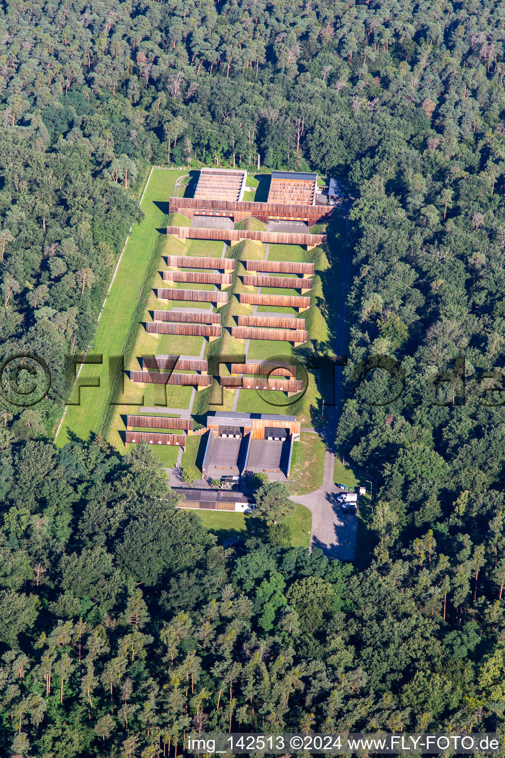 Aerial view of Germersheim shooting range in the district Niederlustadt in Lustadt in the state Rhineland-Palatinate, Germany