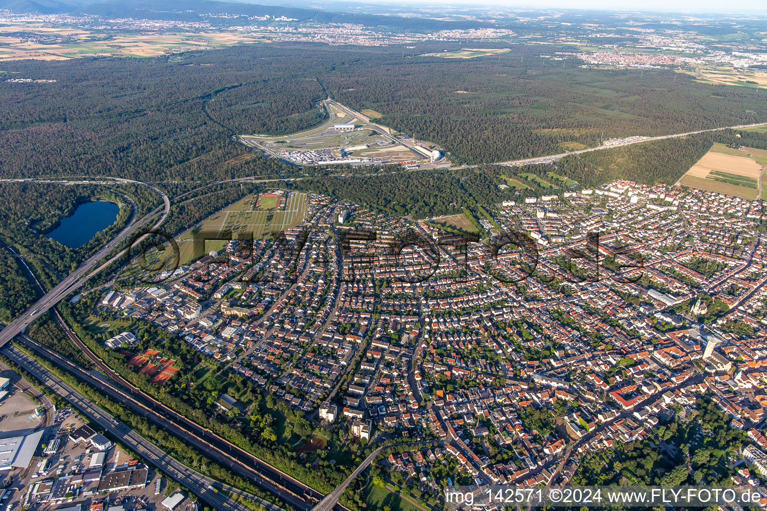 Oblique view of Hockenheim in the state Baden-Wuerttemberg, Germany