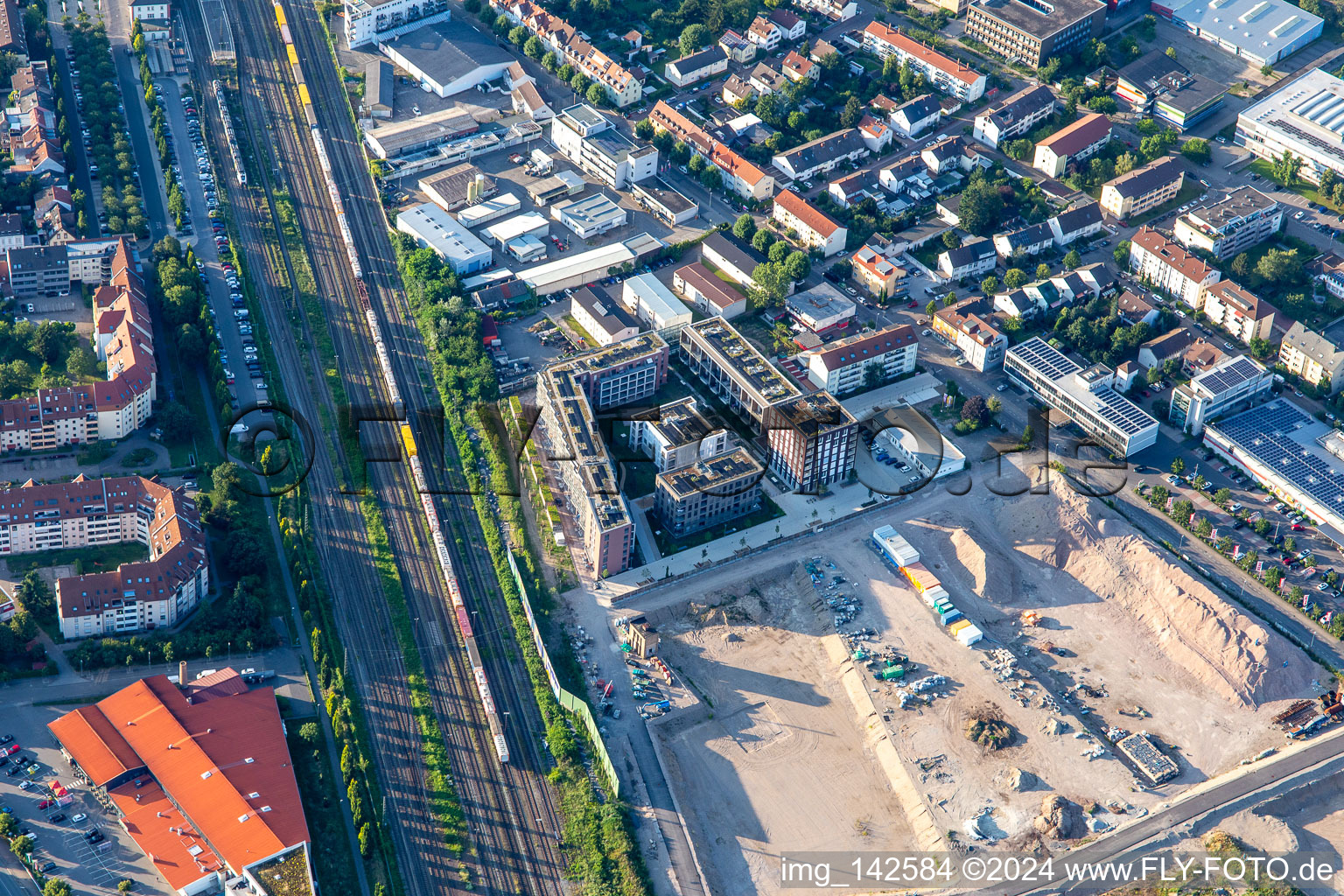 Aerial photograpy of New building site on Pfaudlerstrasse in Schwetzingen in the state Baden-Wuerttemberg, Germany