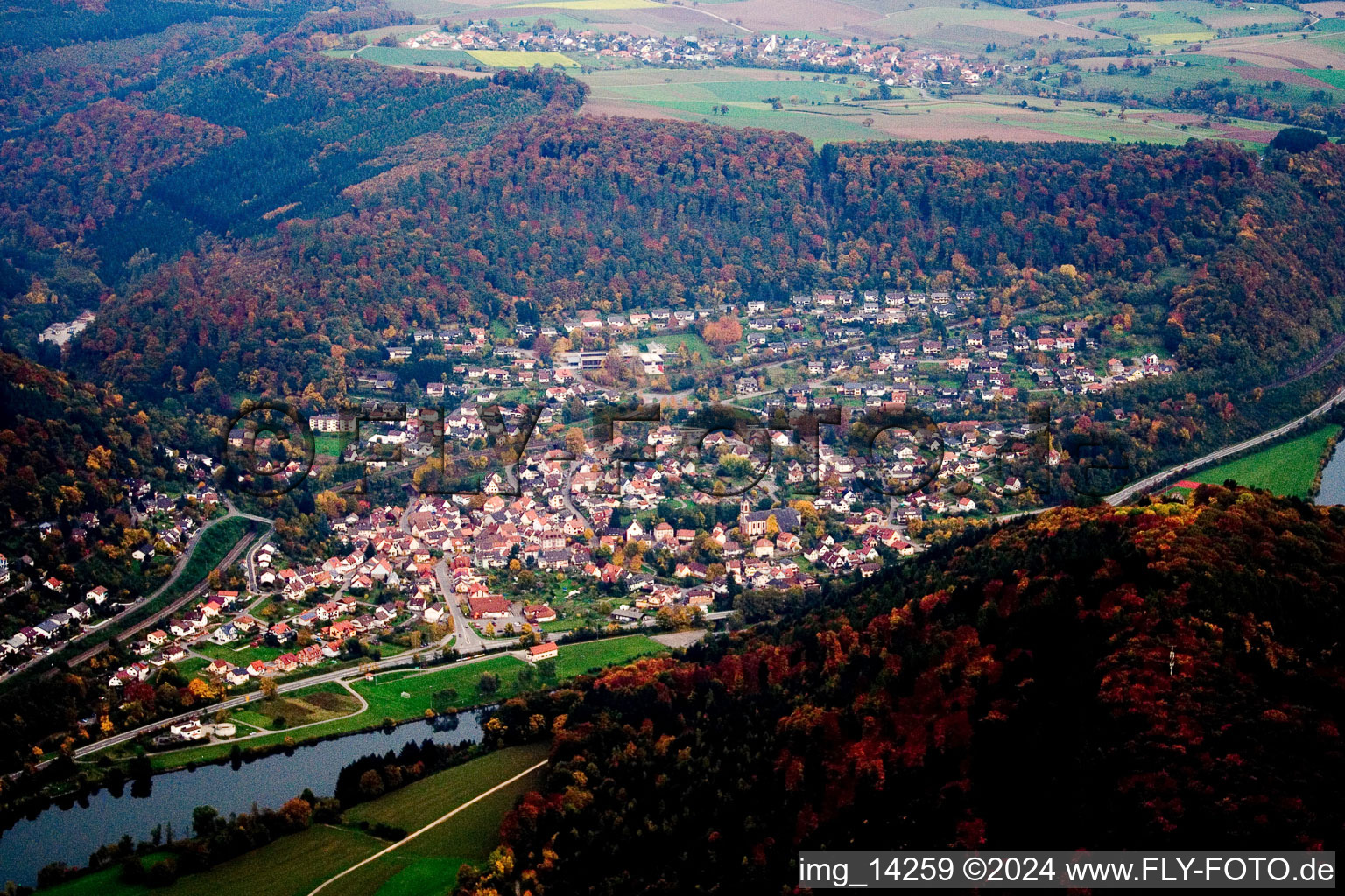 Aerial view of Neckargerach in the state Baden-Wuerttemberg, Germany