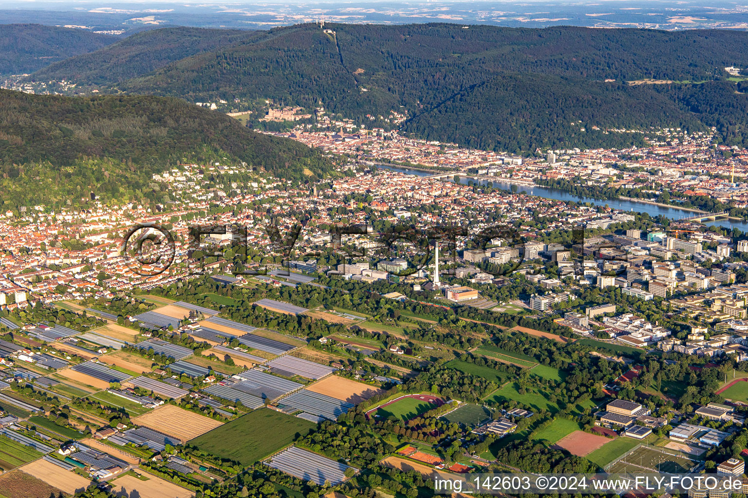 From the northwest in the district Neuenheim in Heidelberg in the state Baden-Wuerttemberg, Germany