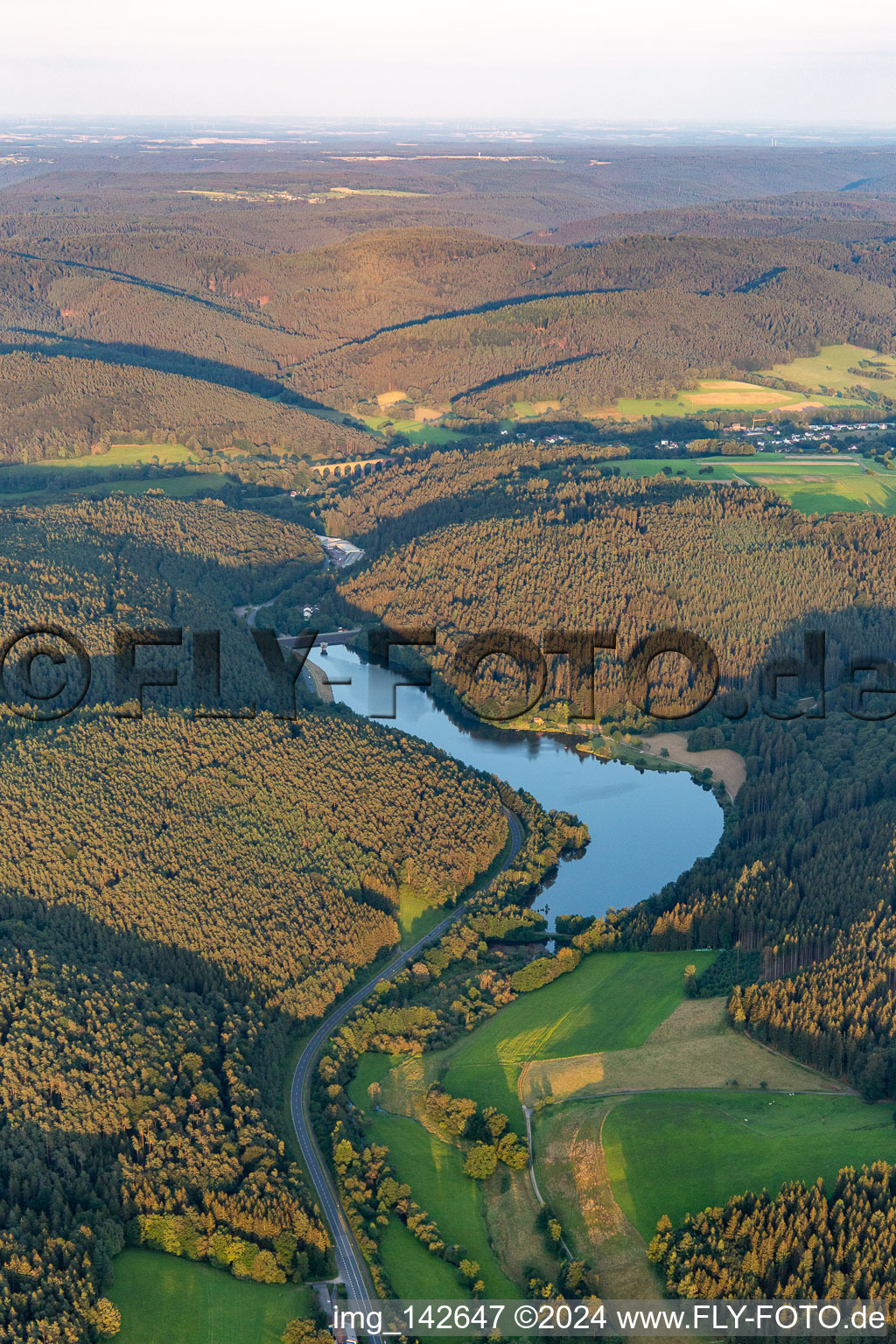 Aerial view of Marbach Reservoir in the district Hüttenthal in Mossautal in the state Hesse, Germany