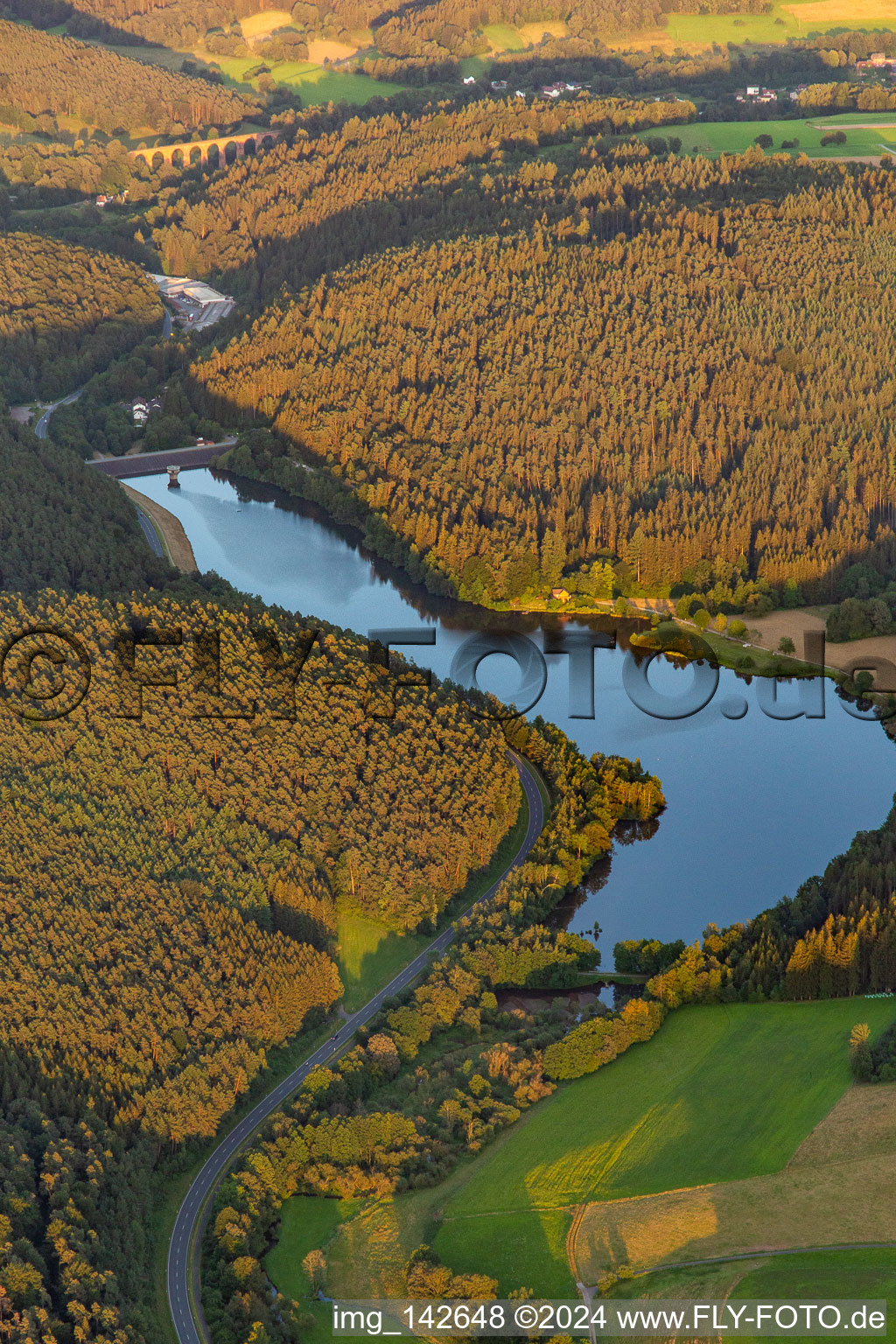 Aerial photograpy of Marbach Reservoir in the district Hüttenthal in Mossautal in the state Hesse, Germany