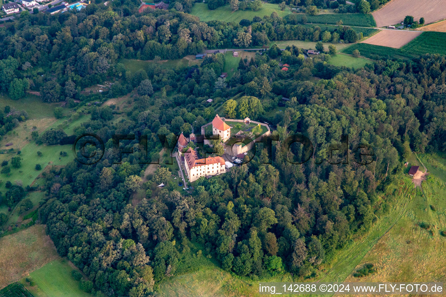 Aerial view of Reichenberg Castle Experience Area in Reichelsheim in the state Hesse, Germany