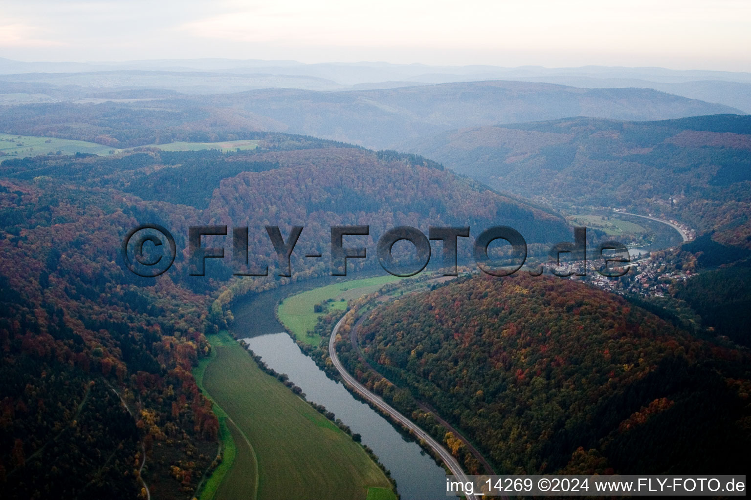 Neckargerach in the state Baden-Wuerttemberg, Germany seen from above