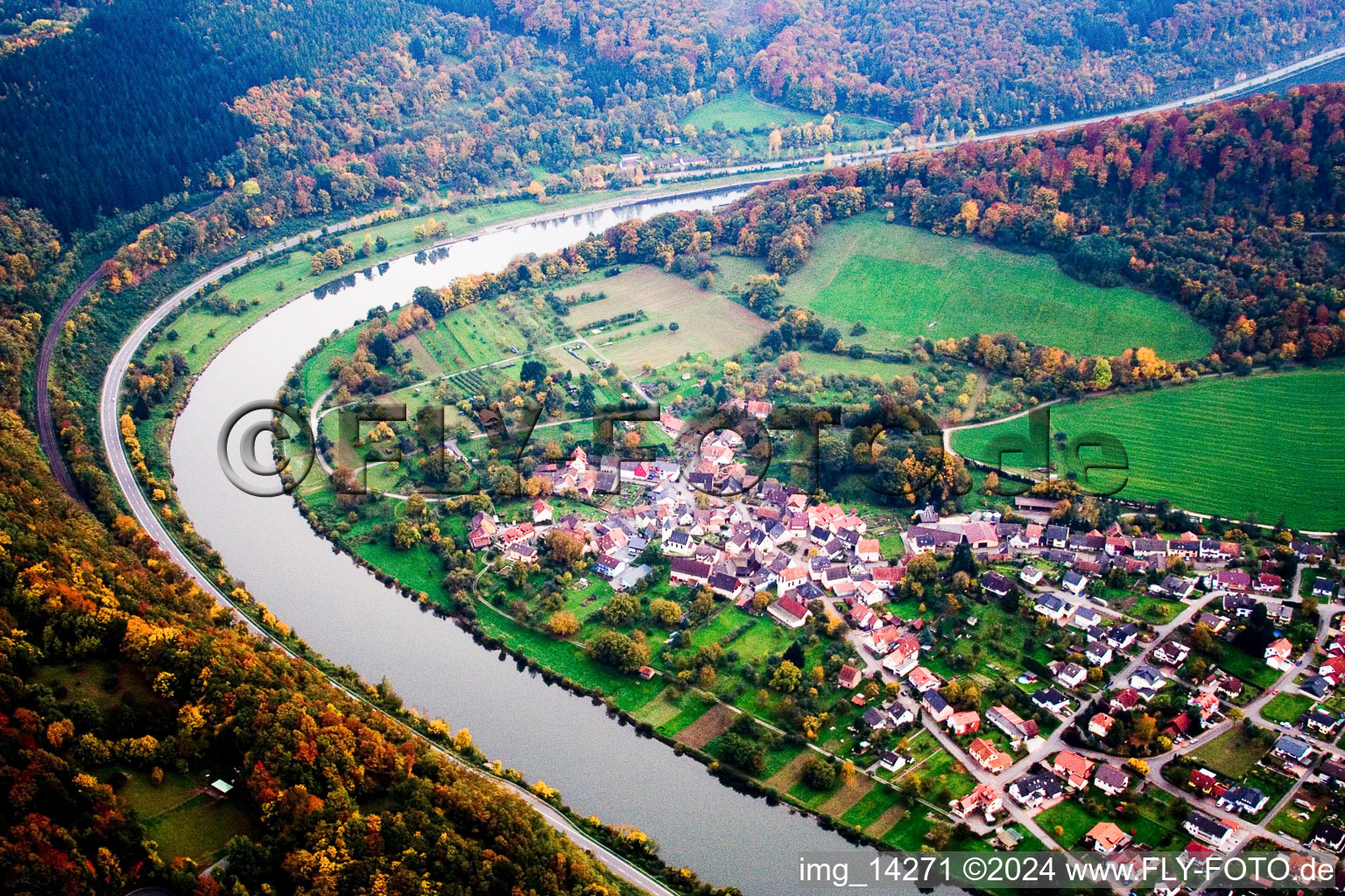 Neckargerach in the state Baden-Wuerttemberg, Germany from the plane