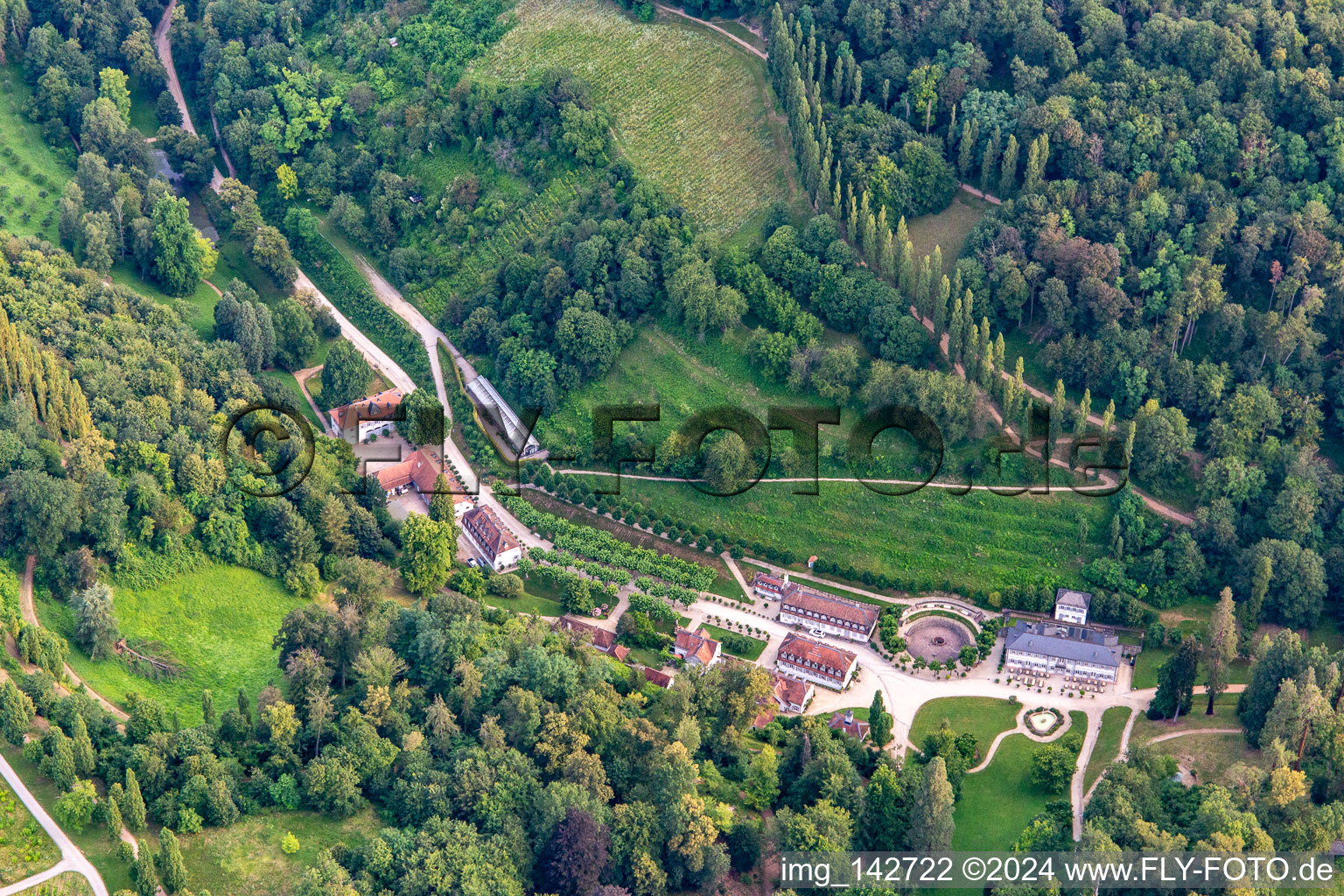 Aerial view of Fürstenlager State Park: spa fountain and village in the landscape park of a princely summer residence from the 18th century. :///fuerstenlager in the district Auerbach in Bensheim in the state Hesse, Germany