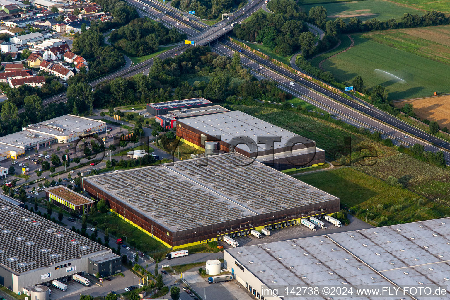 Aerial view of Alnatura distribution center in Lorsch in the state Hesse, Germany