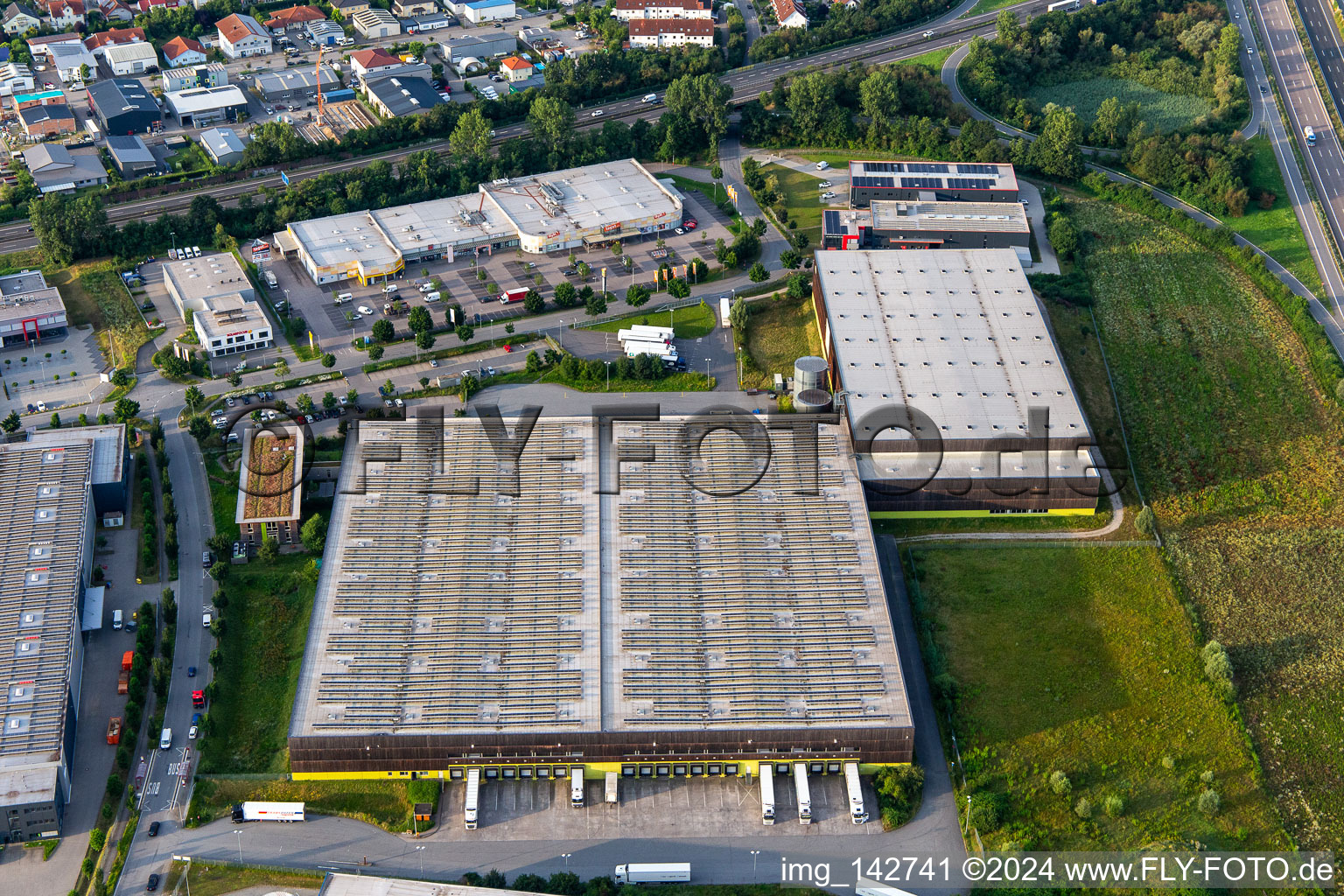 Aerial photograpy of Alnatura distribution center in Lorsch in the state Hesse, Germany