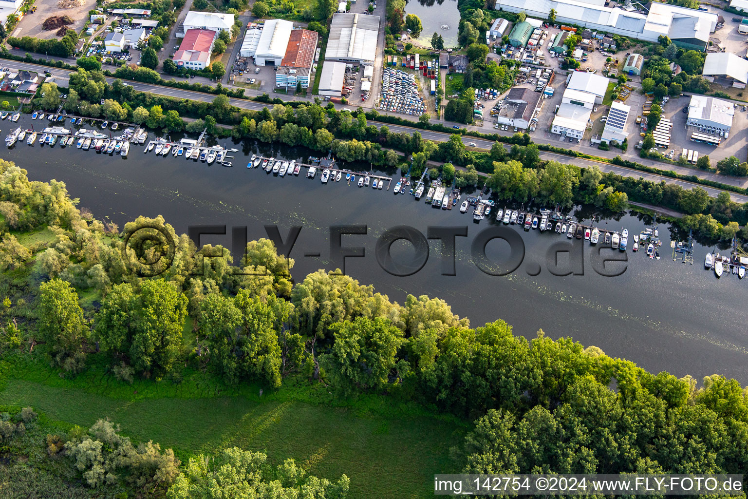 Aerial view of Boat piers of the industrial area- jetty community GbR on the Lampertheim Altrhein in Lampertheim in the state Hesse, Germany