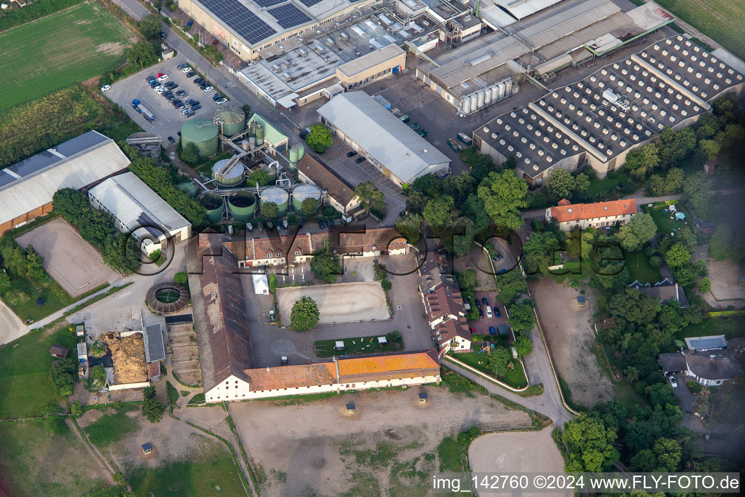 Aerial photograpy of Intersnack Deutschland SE Petersau plant and Carlo von Opel riding facility in the district Mörsch in Frankenthal in the state Rhineland-Palatinate, Germany