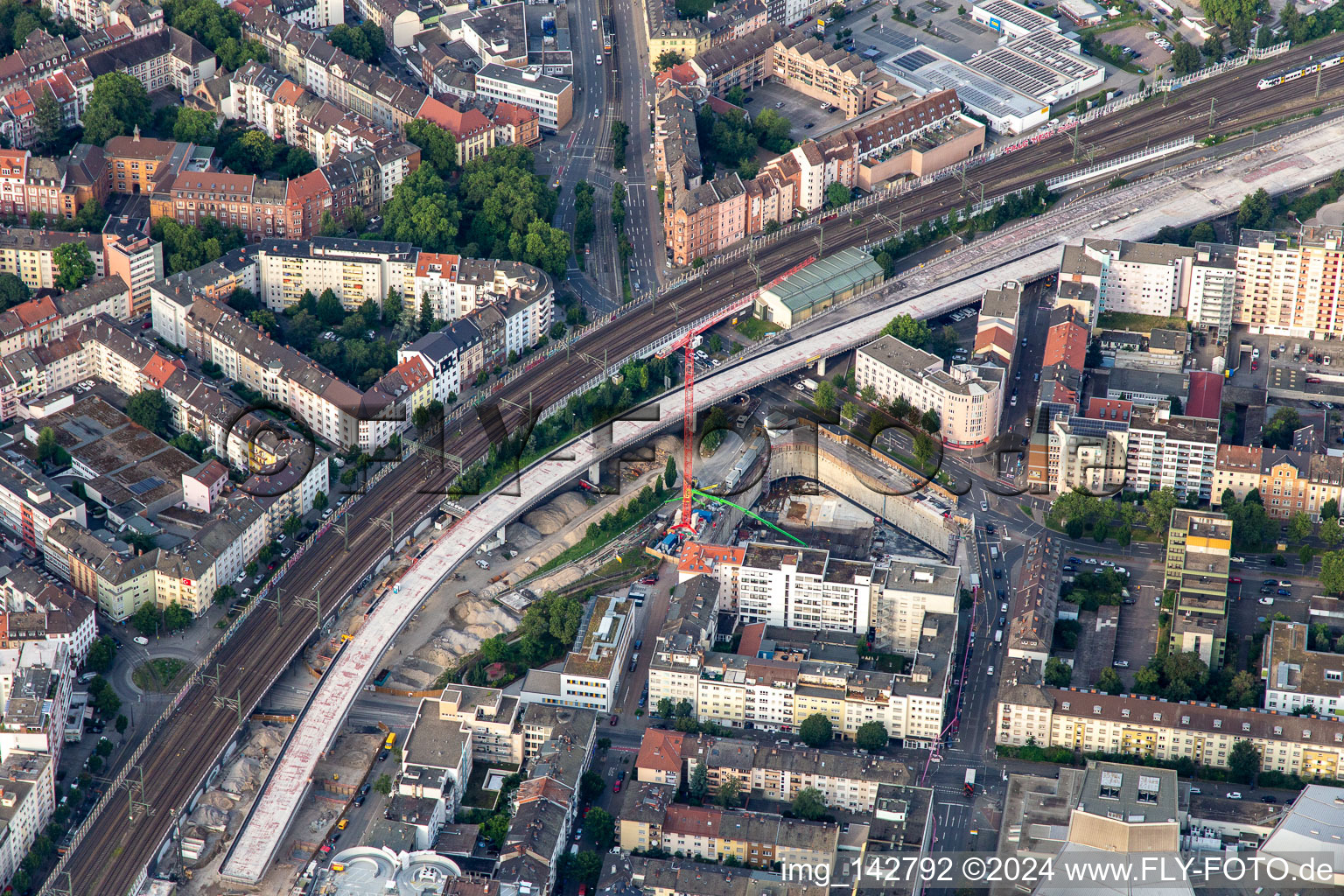 B44 and B38 pass under the railway line at Dammstr in the district Süd in Ludwigshafen am Rhein in the state Rhineland-Palatinate, Germany