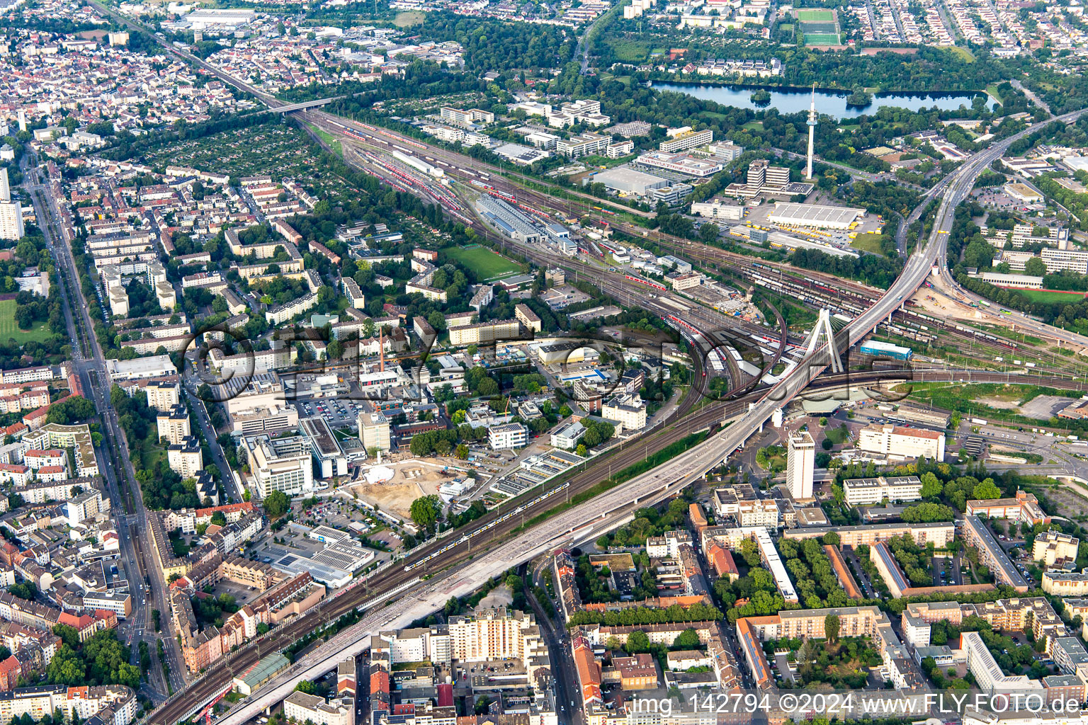 Main station and residential area on Saarlandstr in the district Süd in Ludwigshafen am Rhein in the state Rhineland-Palatinate, Germany