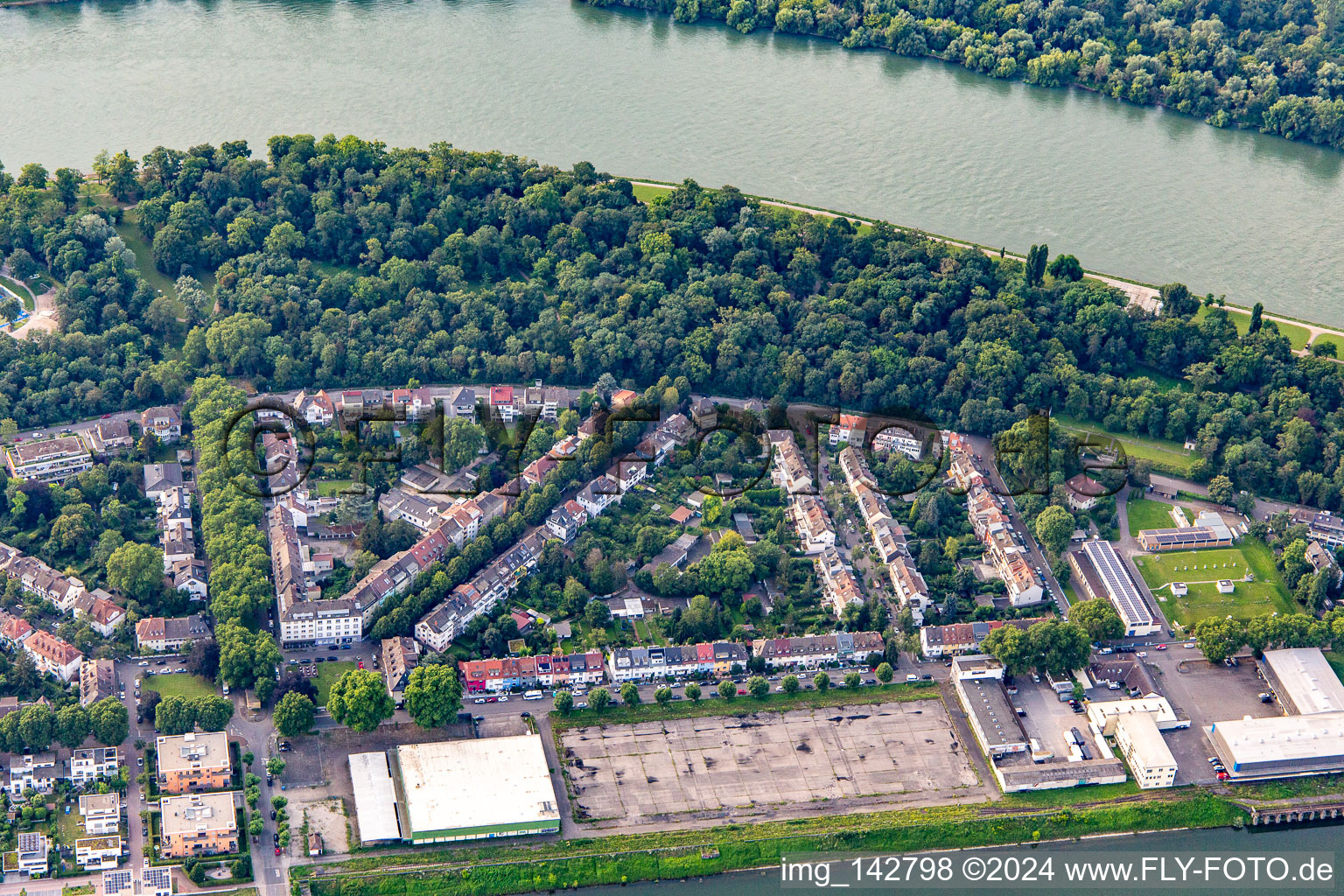 Aerial view of Park island between Rhine and Luitpoldhafen in the district Süd in Ludwigshafen am Rhein in the state Rhineland-Palatinate, Germany