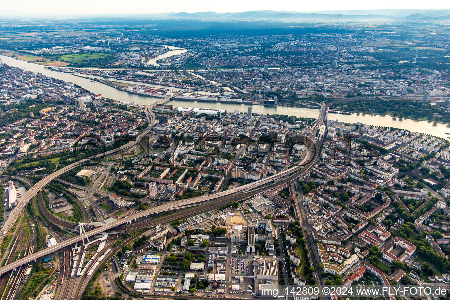 Aerial view of District Mundenheim in Ludwigshafen am Rhein in the state Rhineland-Palatinate, Germany