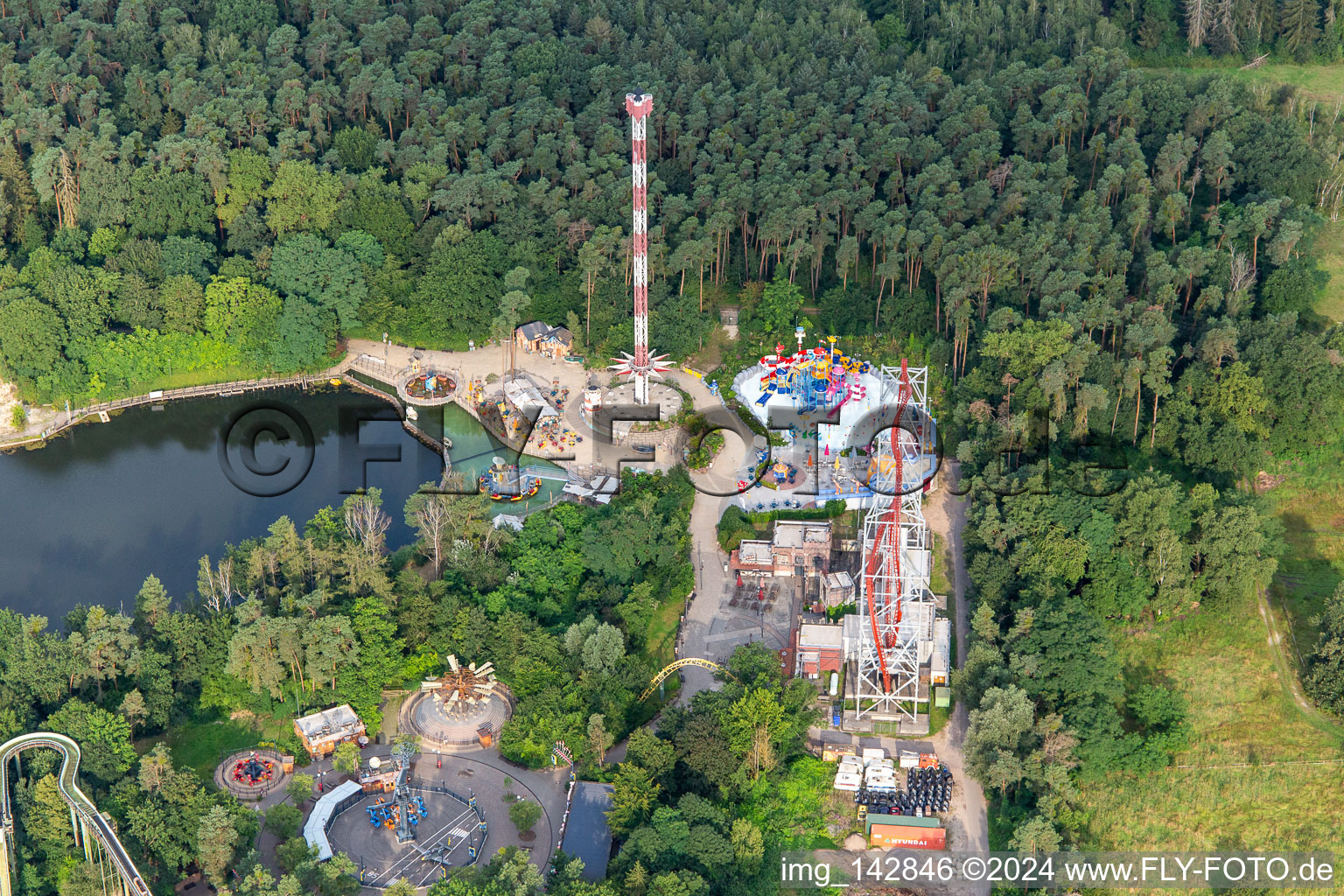 Aerial view of Rollercoaster Sky Scream at Holiday Park Germany in Haßloch in the state Rhineland-Palatinate, Germany