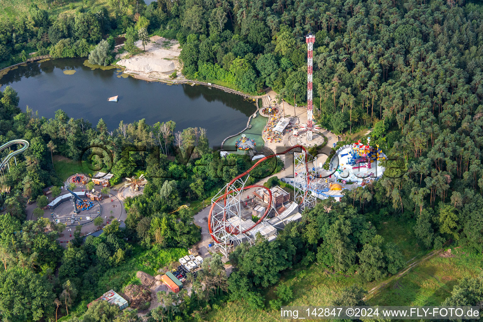 Aerial photograpy of Rollercoaster Sky Scream at Holiday Park Germany in Haßloch in the state Rhineland-Palatinate, Germany