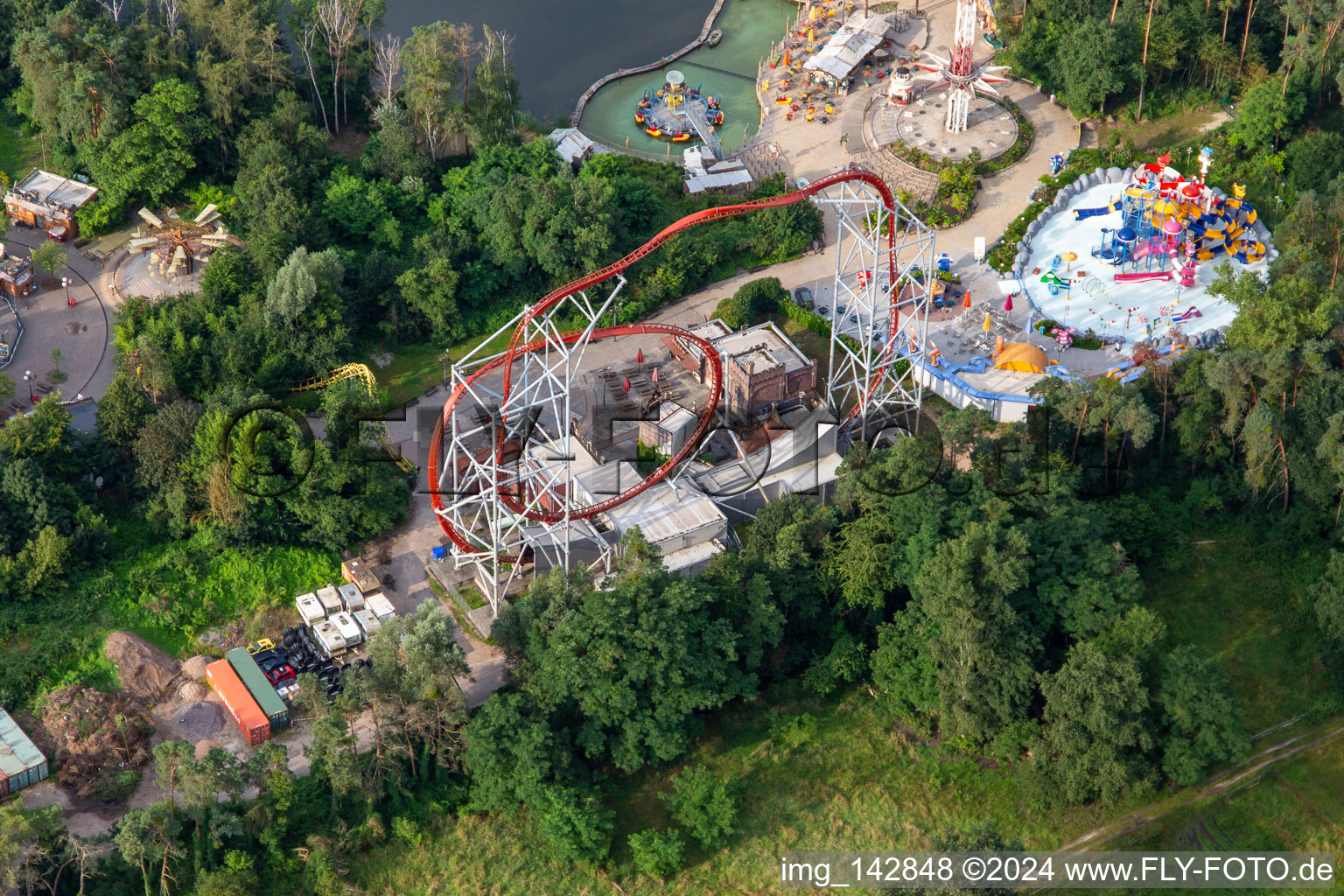 Oblique view of Rollercoaster Sky Scream at Holiday Park Germany in Haßloch in the state Rhineland-Palatinate, Germany