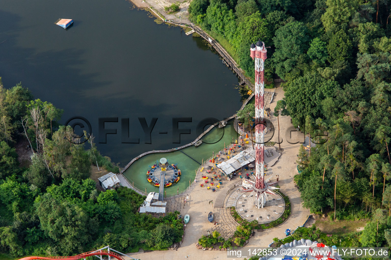 Aerial view of Lighthouse Tower in Holiday Park Germany in Haßloch in the state Rhineland-Palatinate, Germany