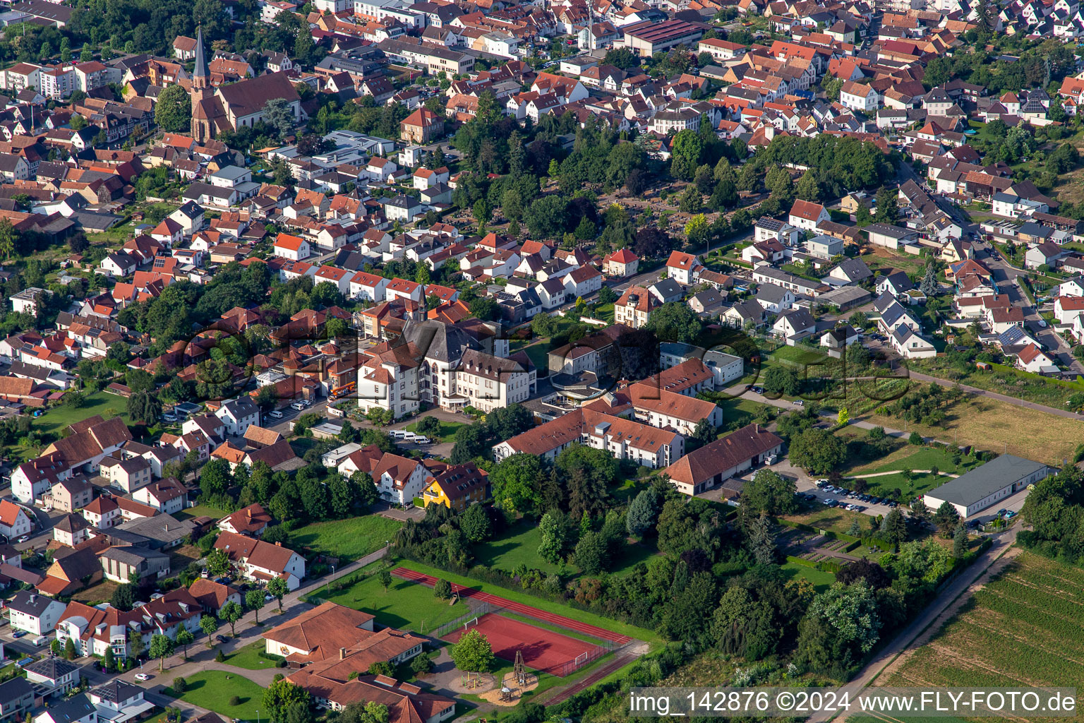 Aerial photograpy of St. Paulus Stift Herxheim in Herxheim bei Landau in the state Rhineland-Palatinate, Germany