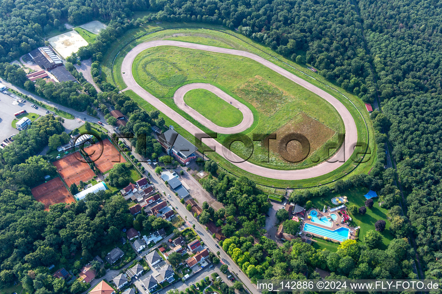 Aerial view of Sand track race track of the Herxheim Racing and Riding Club and Speedway of the Herxheim Motorsport Association in Herxheim bei Landau in the state Rhineland-Palatinate, Germany