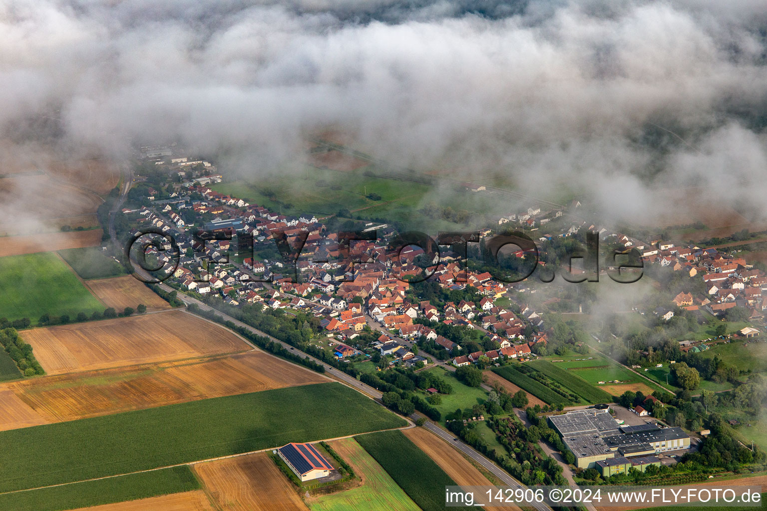 Village from southeast under clouds in the district Kapellen in Kapellen-Drusweiler in the state Rhineland-Palatinate, Germany