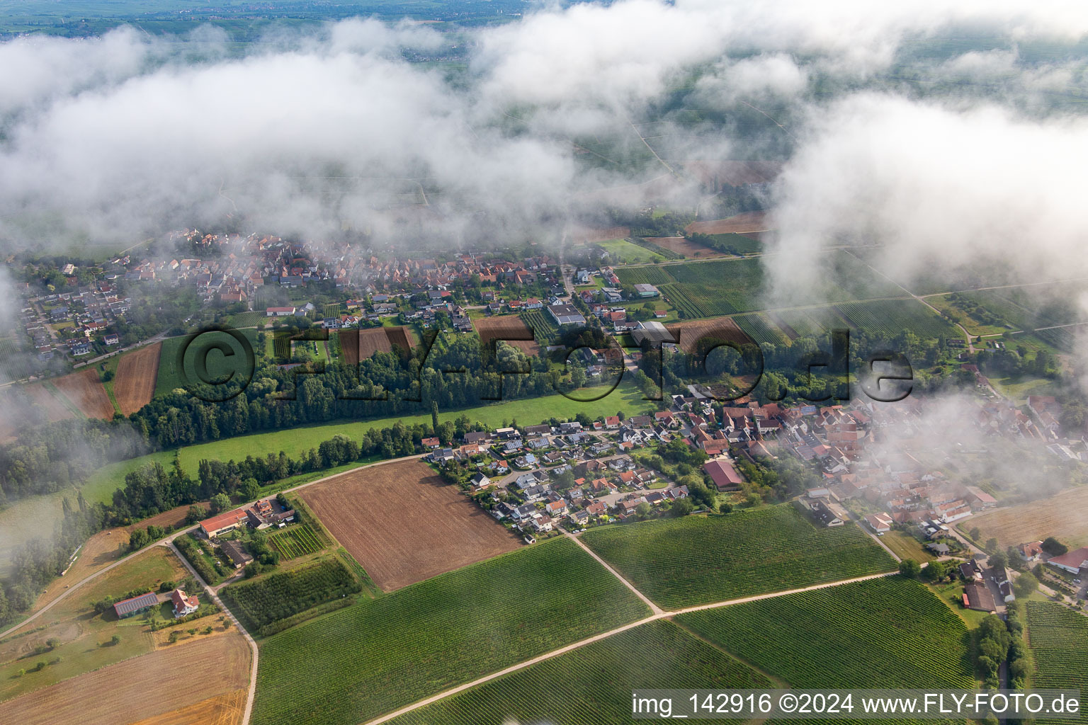 Village at Klingbachtal from the south under clouds in the district Klingen in Heuchelheim-Klingen in the state Rhineland-Palatinate, Germany