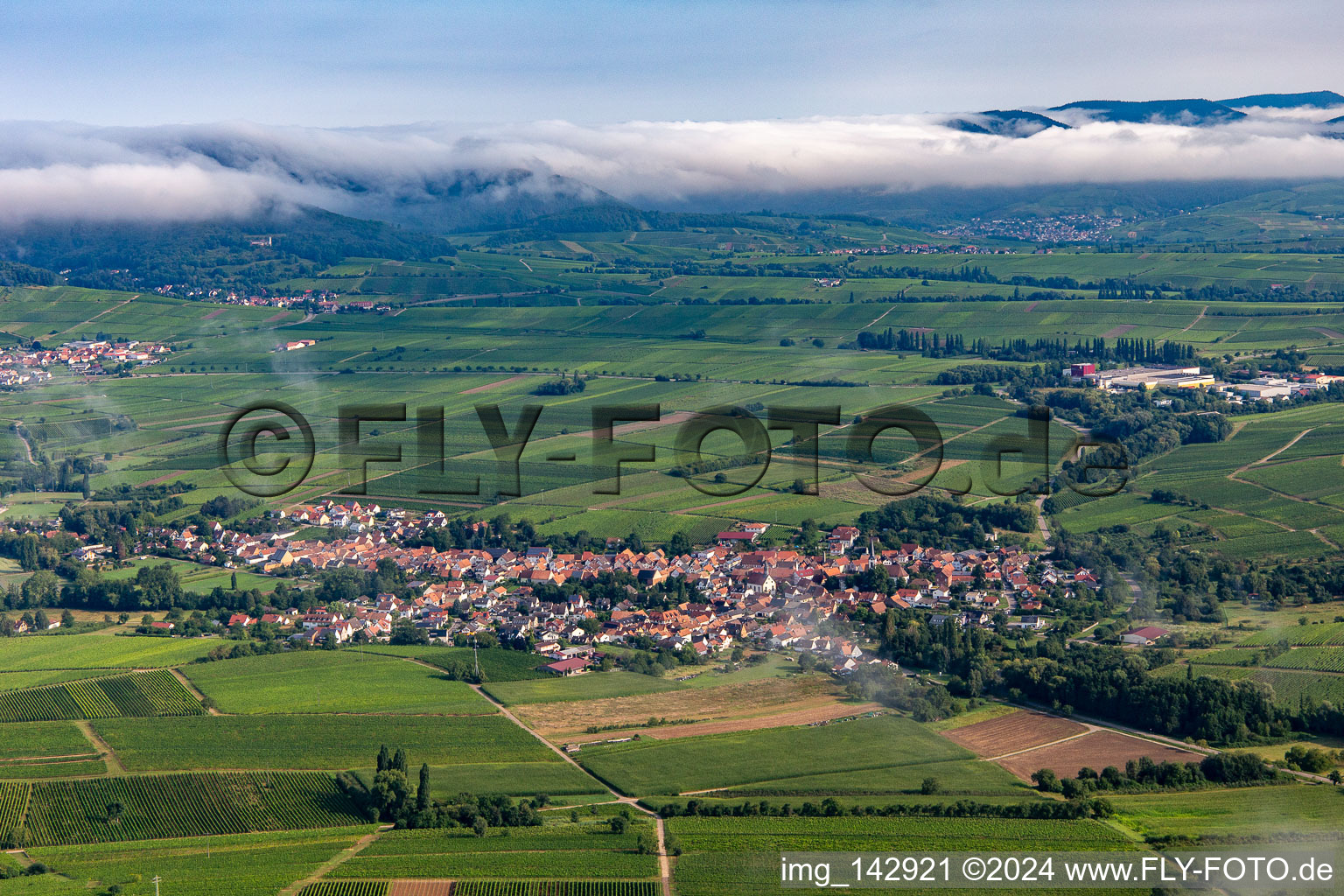 Village from the south with clouds in Göcklingen in the state Rhineland-Palatinate, Germany