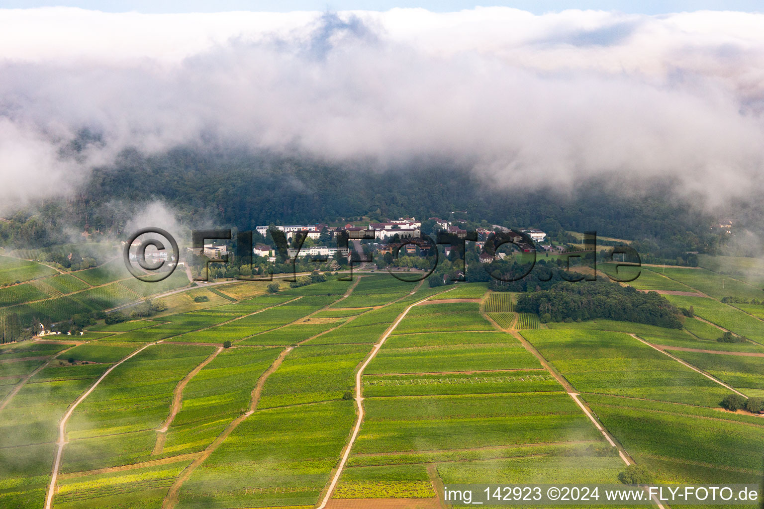 Aerial view of Thick clouds over the Palatinate Hospital for Psychiatry and Neurology in Klingenmünster in the state Rhineland-Palatinate, Germany