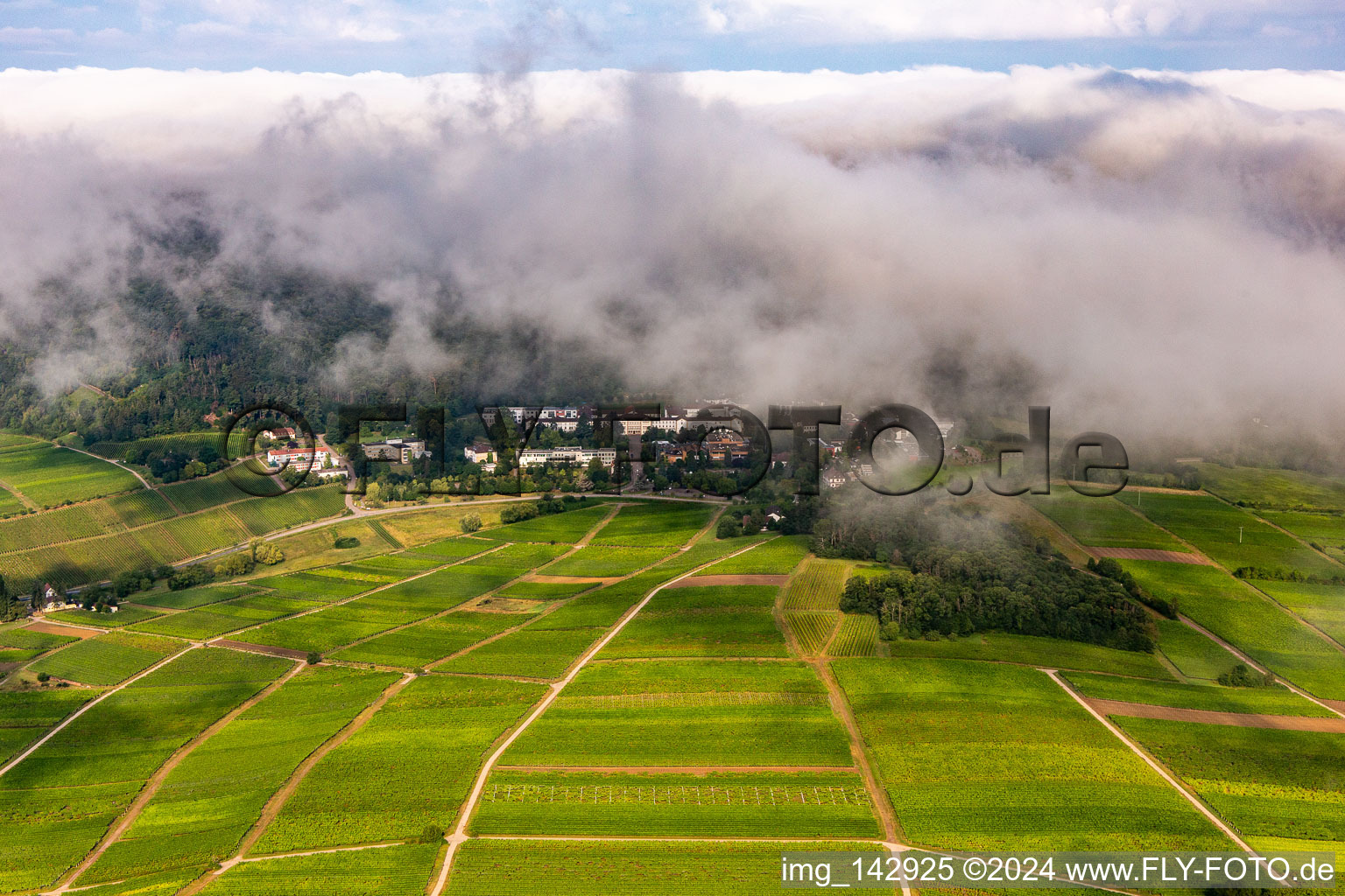 Aerial photograpy of Thick clouds over the Palatinate Hospital for Psychiatry and Neurology in Klingenmünster in the state Rhineland-Palatinate, Germany