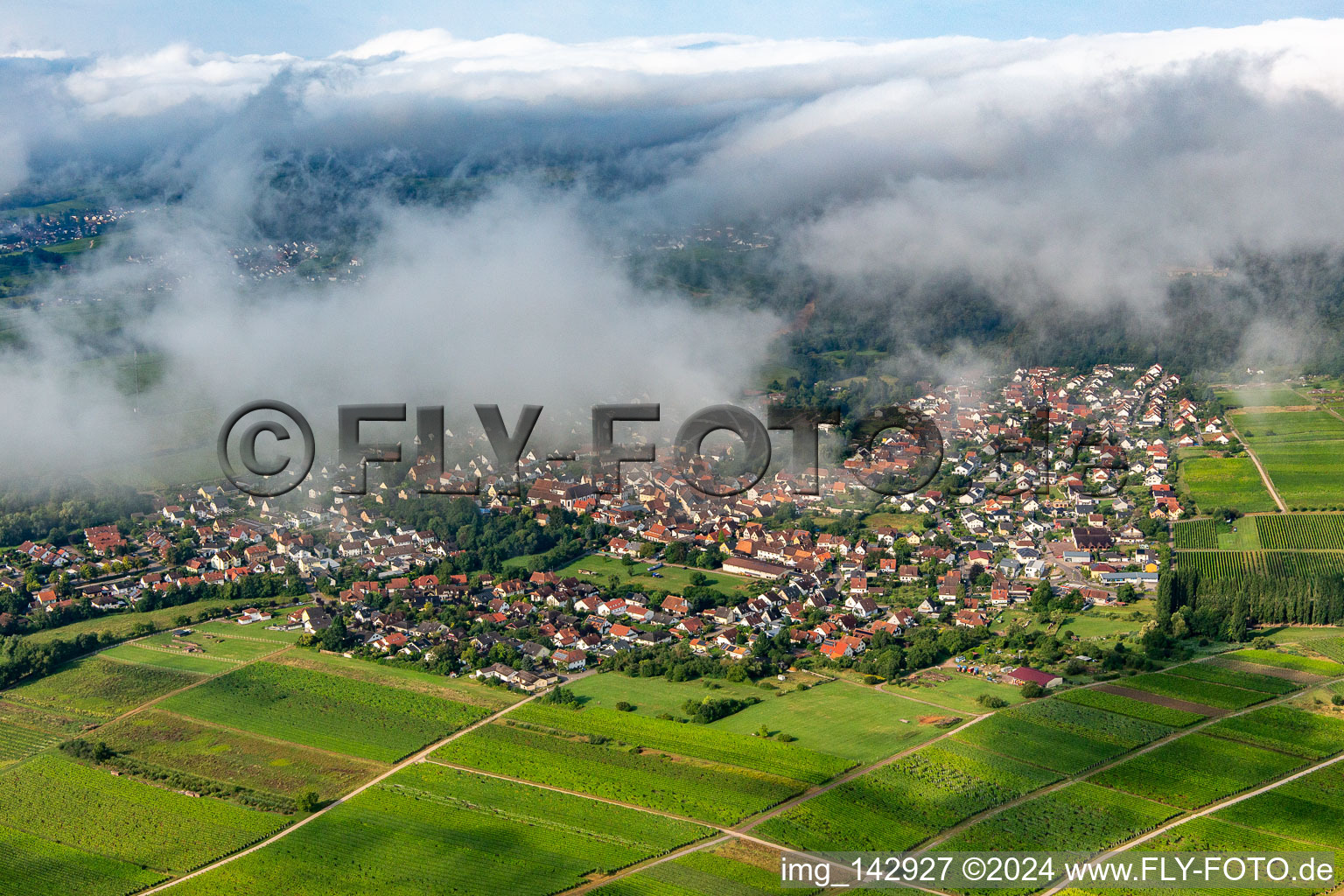 Aerial view of Village on the edge of the Pfläzerwald from the northeast under clouds in Klingenmünster in the state Rhineland-Palatinate, Germany