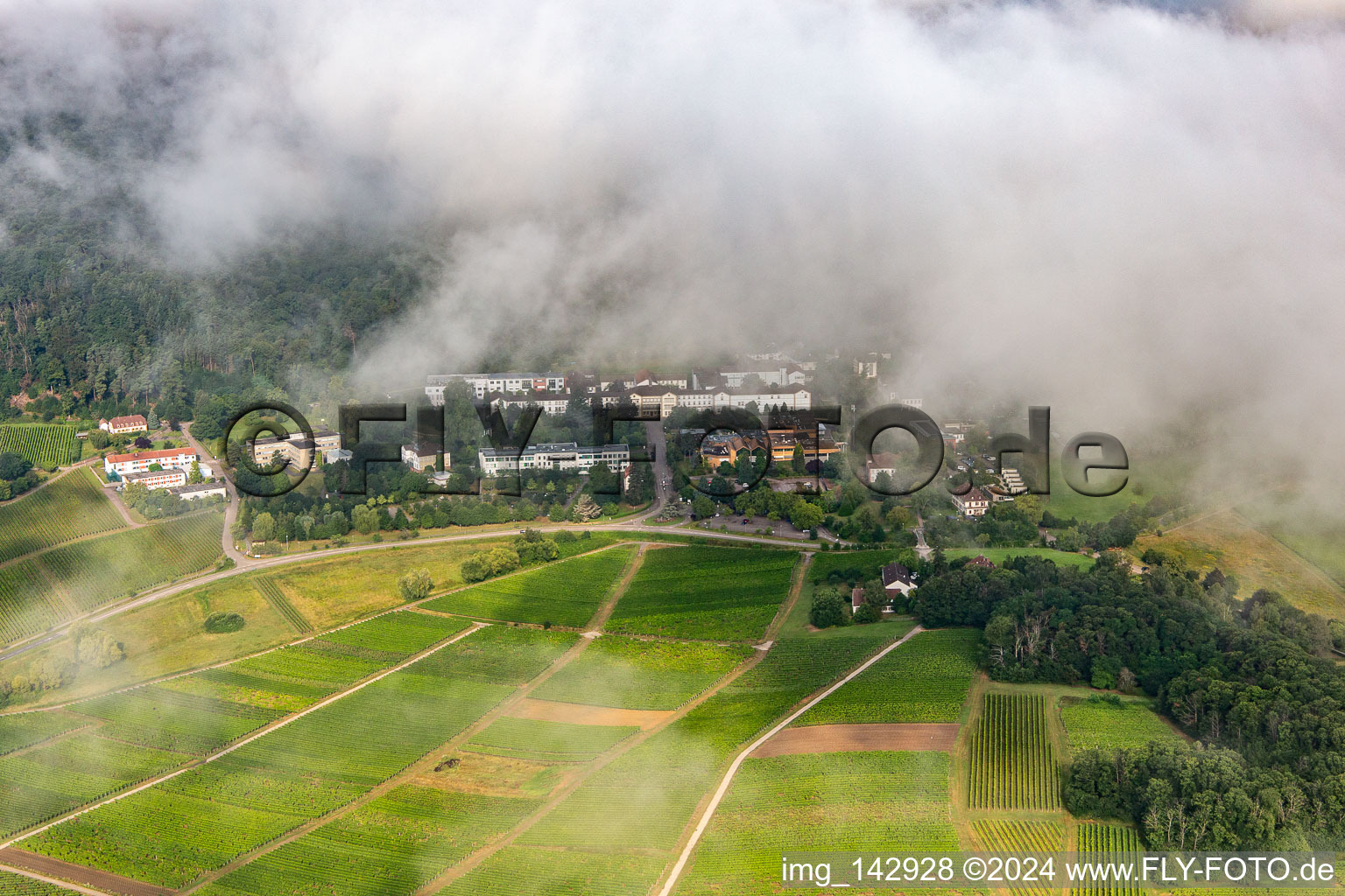 Oblique view of Thick clouds over the Palatinate Hospital for Psychiatry and Neurology in Klingenmünster in the state Rhineland-Palatinate, Germany